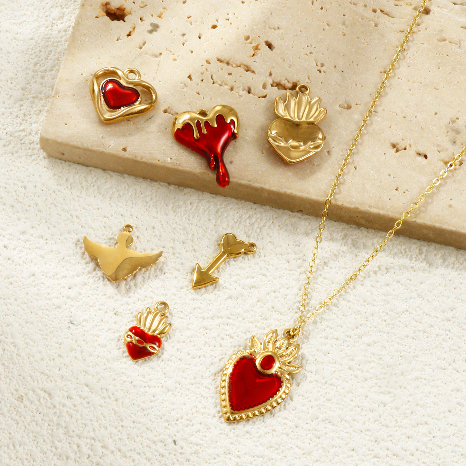 Picture of Eco-friendly PVD Vacuum Plating Waterproof Anti-Tarnish Hypoallergenic 304 Stainless Steel Charms 18K Real Gold Plated Red Enamel