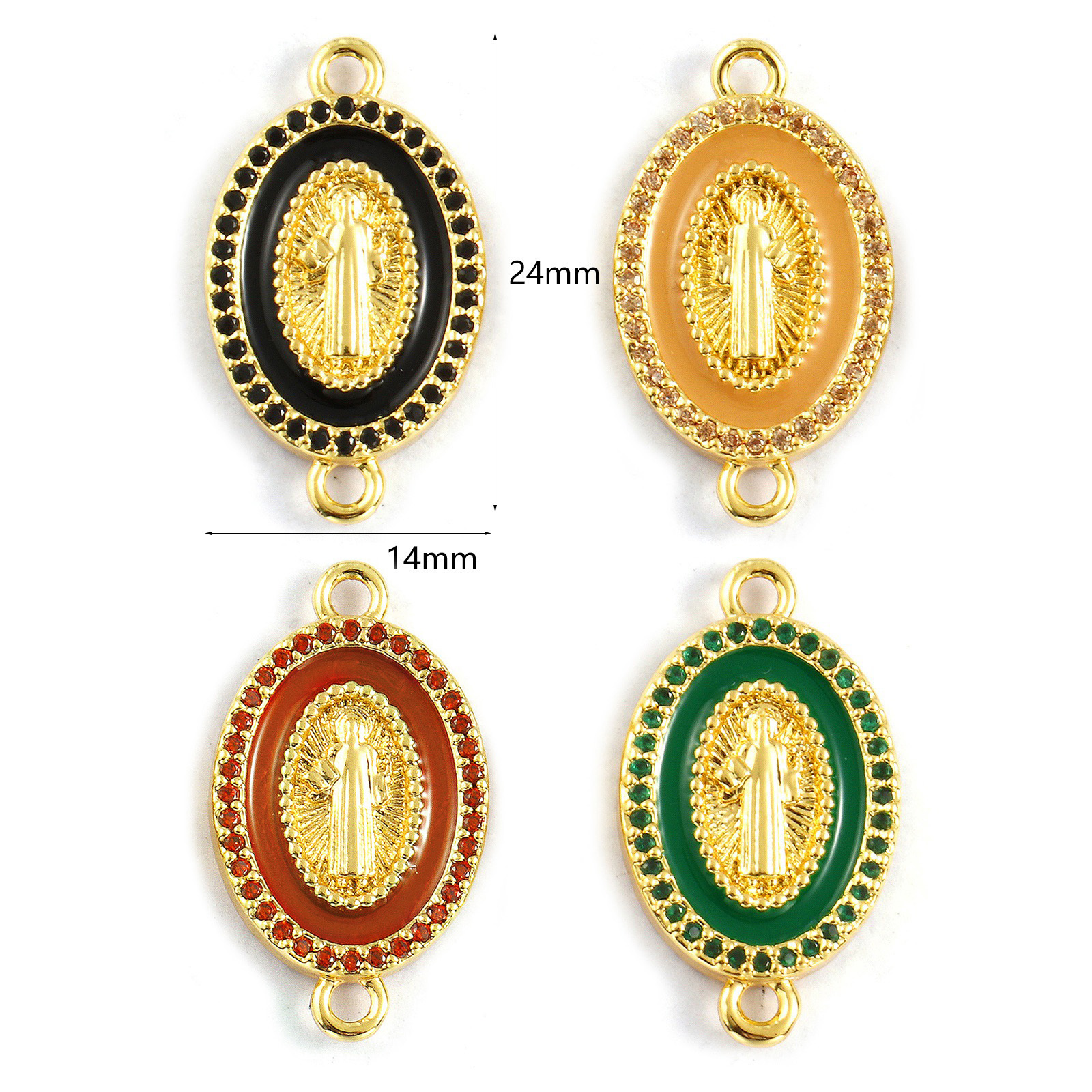 Picture of Eco-friendly Brass & Cubic Zirconia Religious Connectors Charms Pendants 18K Real Gold Plated Enamel Oval Jesus Double Sided 24mm x 14mm