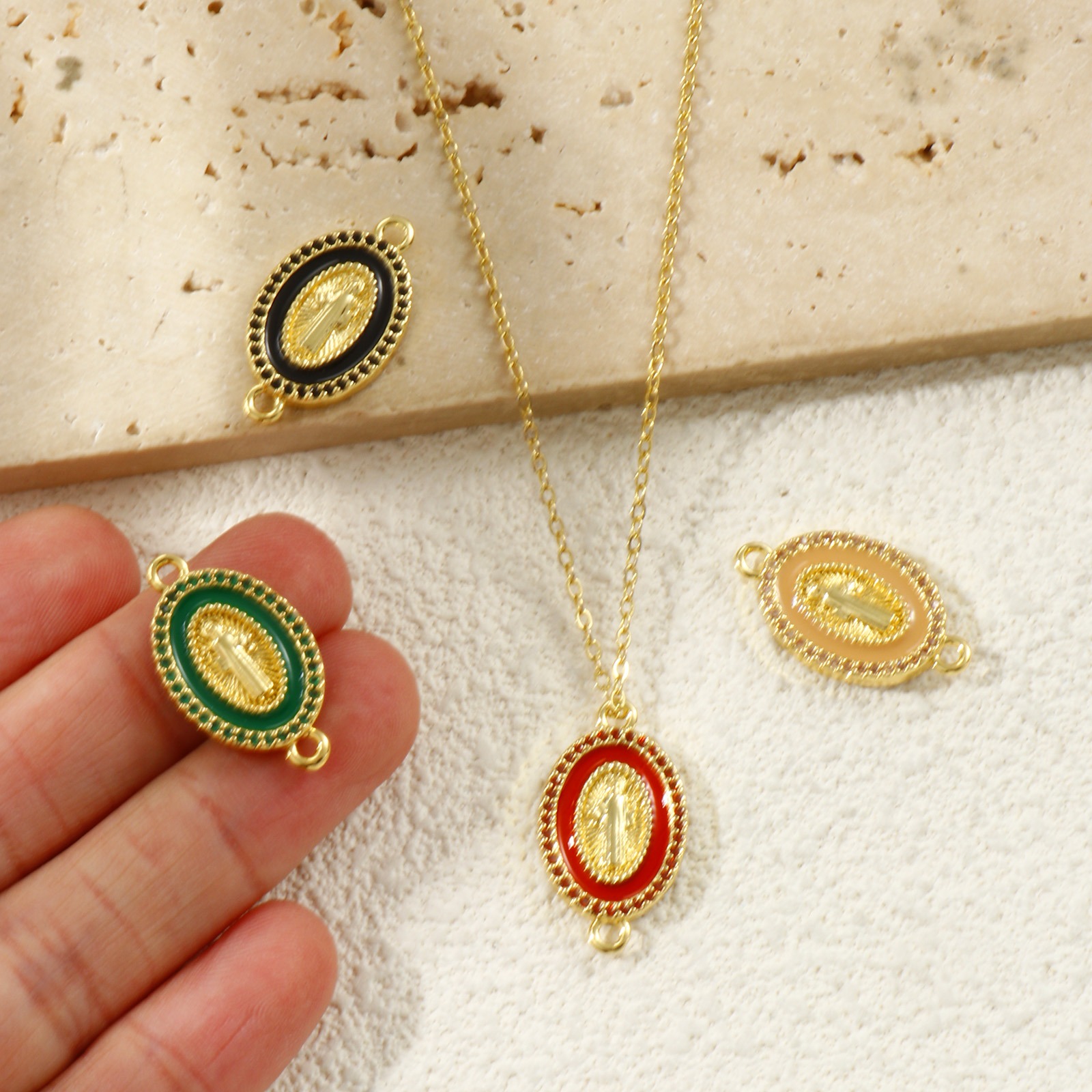 Picture of Eco-friendly Brass & Cubic Zirconia Religious Connectors Charms Pendants 18K Real Gold Plated Enamel Oval Jesus Double Sided 24mm x 14mm