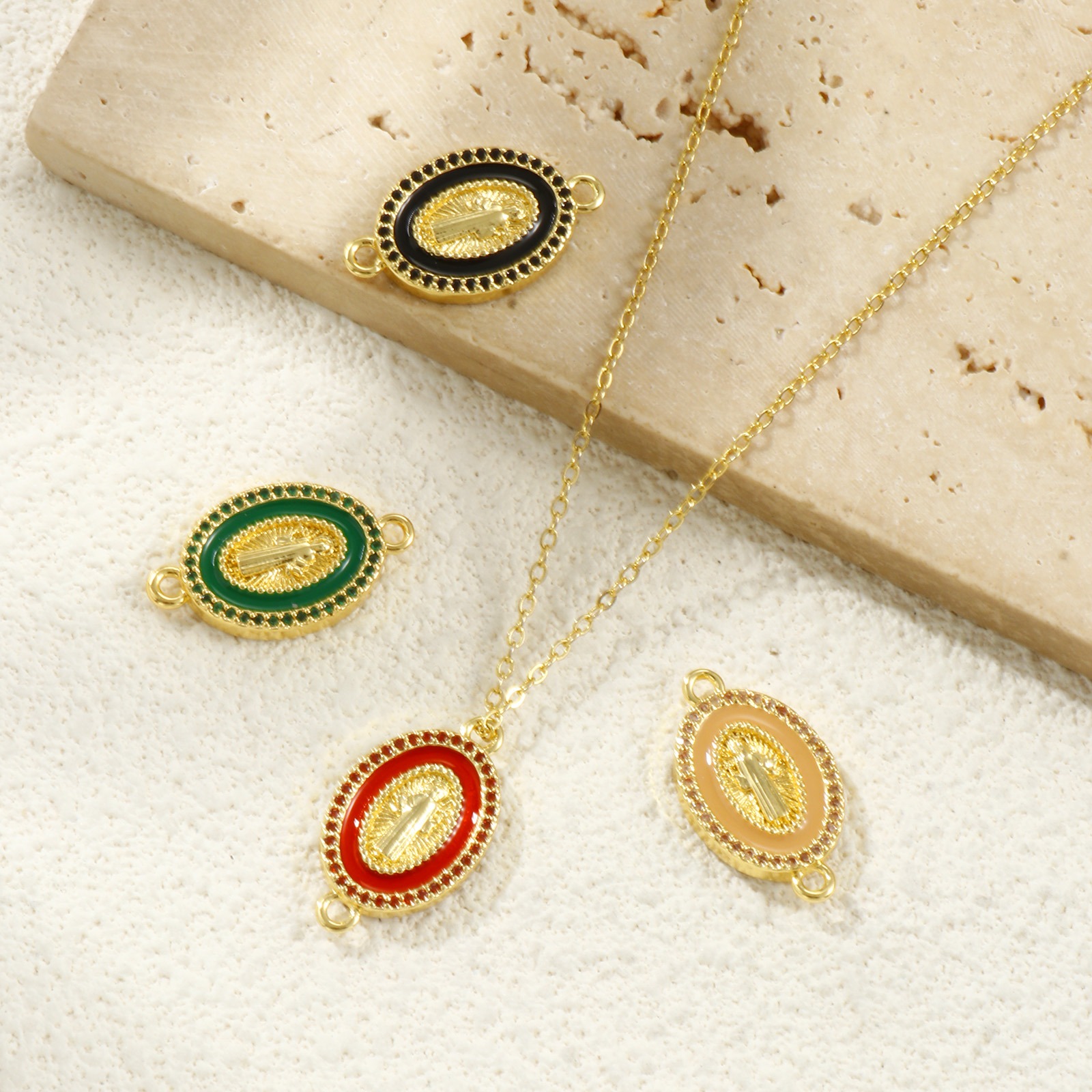 Picture of Eco-friendly Brass & Cubic Zirconia Religious Connectors Charms Pendants 18K Real Gold Plated Enamel Oval Jesus Double Sided 24mm x 14mm