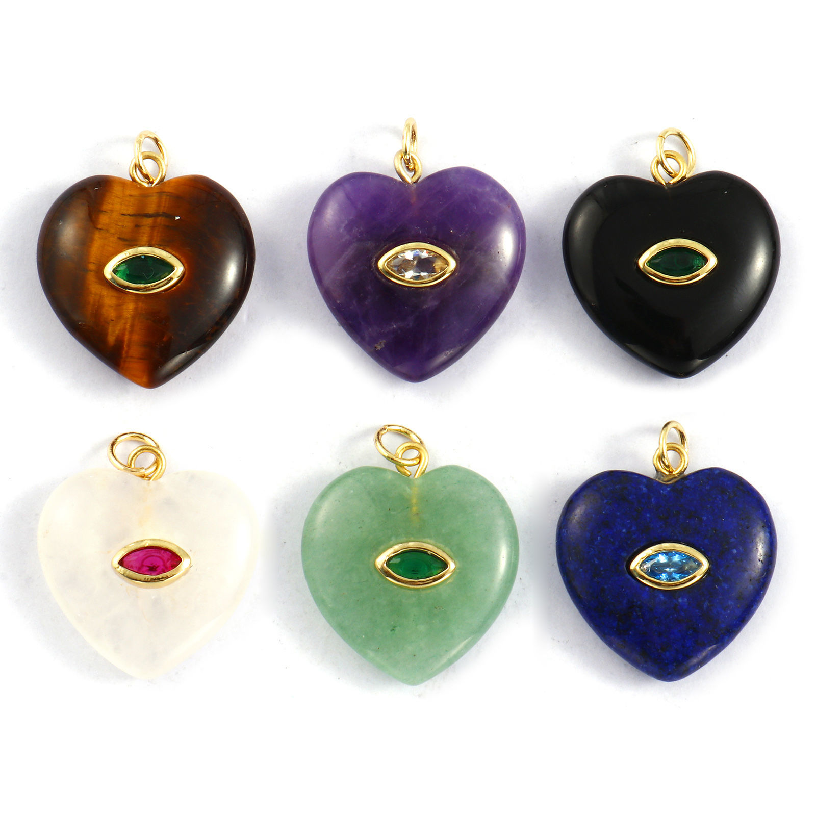 Picture of Eco-friendly Brass & Cubic Zirconia & Gemstone Valentine's Day Charms 18K Real Gold Plated Heart 25mm x 20mm