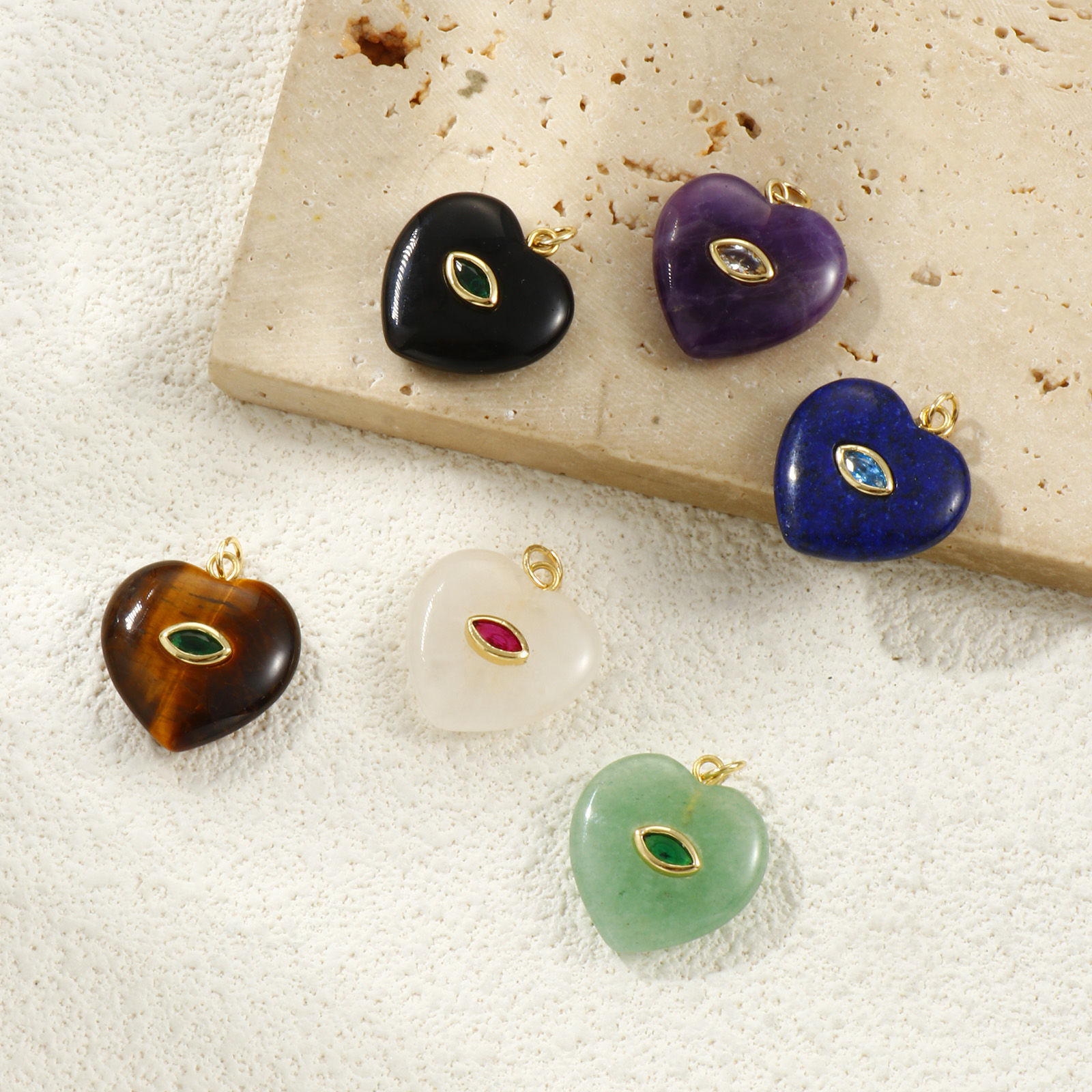 Picture of Eco-friendly Brass & Cubic Zirconia & Gemstone Valentine's Day Charms 18K Real Gold Plated Heart 25mm x 20mm