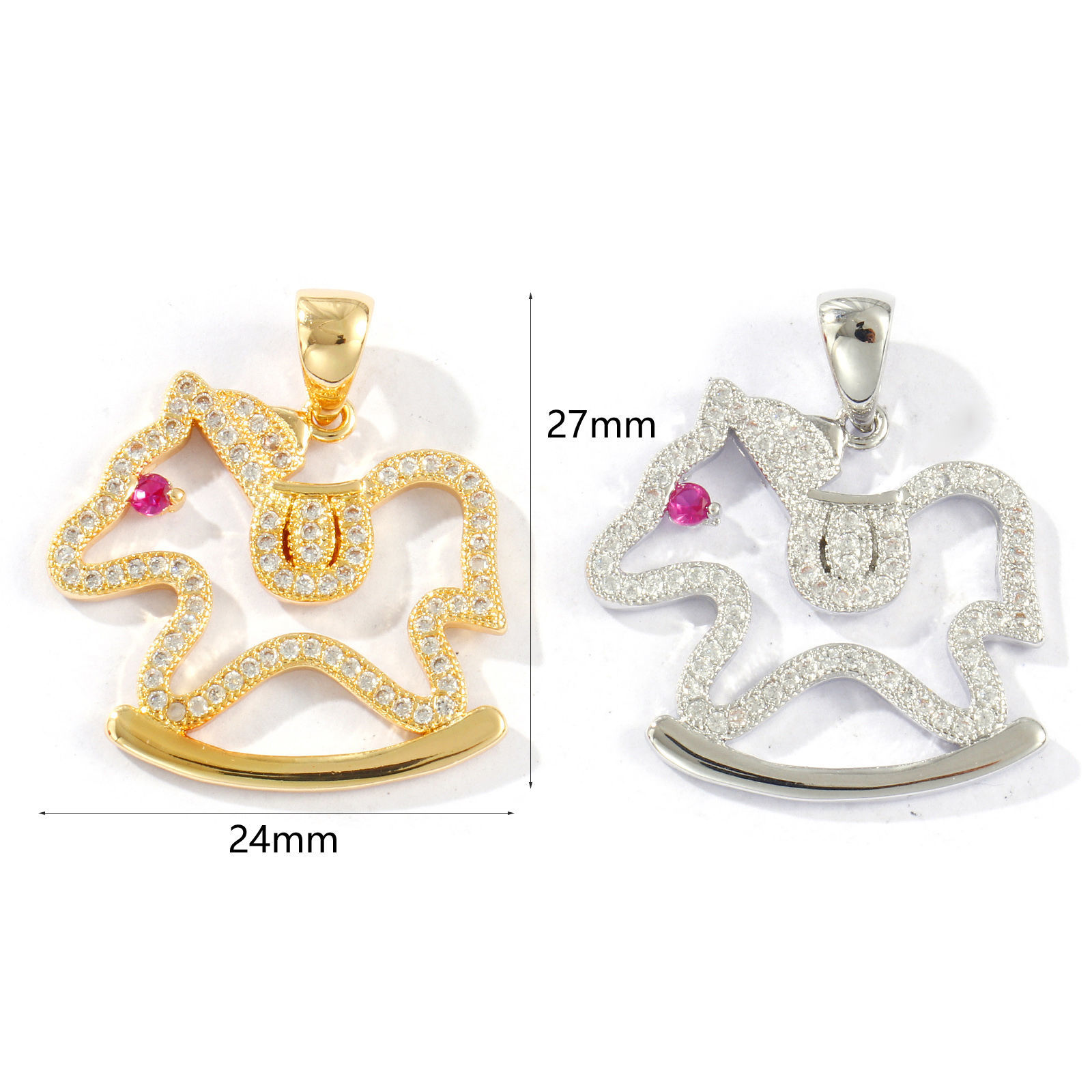 Picture of Eco-friendly Brass Fairy Tale Collection Charm Pendant Real Gold Plated Rocking Horse Micro Pave Fuchsia Cubic Zirconia 27mm x 24mm