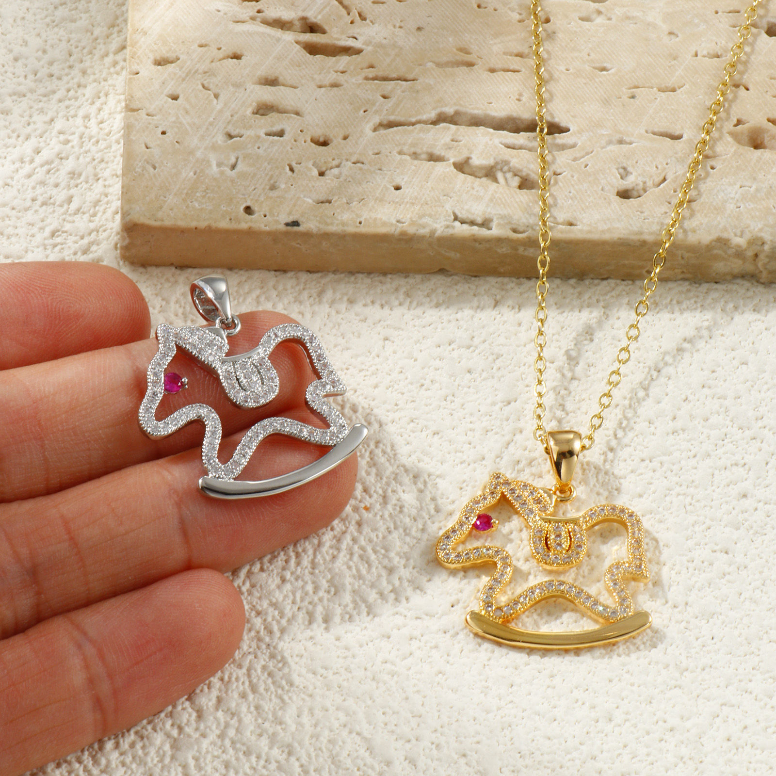 Picture of Eco-friendly Brass Fairy Tale Collection Charm Pendant Real Gold Plated Rocking Horse Micro Pave Fuchsia Cubic Zirconia 27mm x 24mm