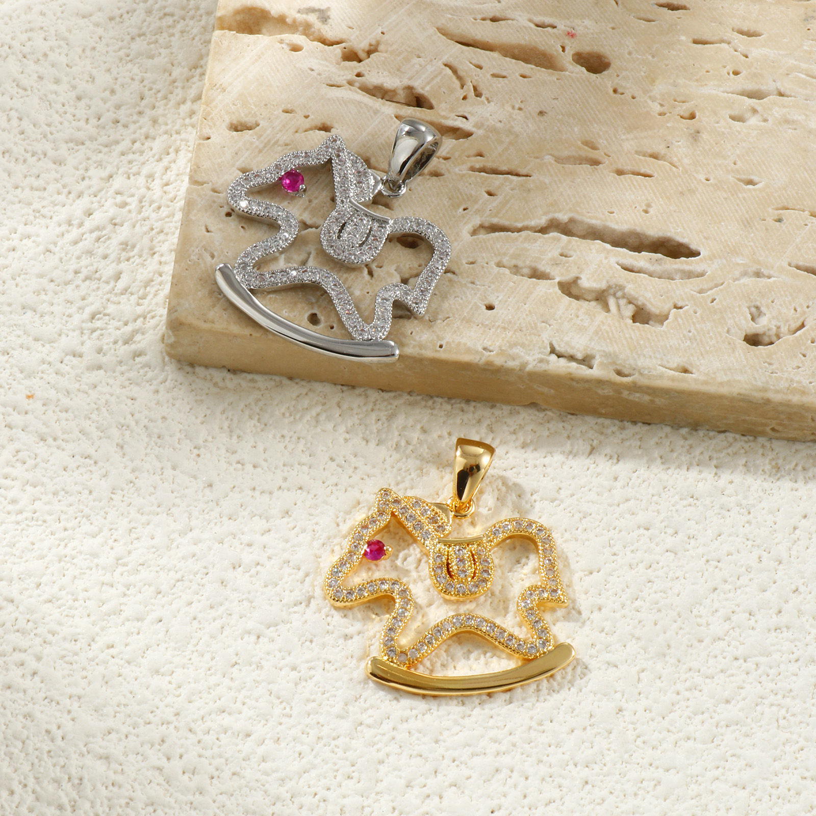 Picture of Eco-friendly Brass Fairy Tale Collection Charm Pendant Real Gold Plated Rocking Horse Micro Pave Fuchsia Cubic Zirconia 27mm x 24mm