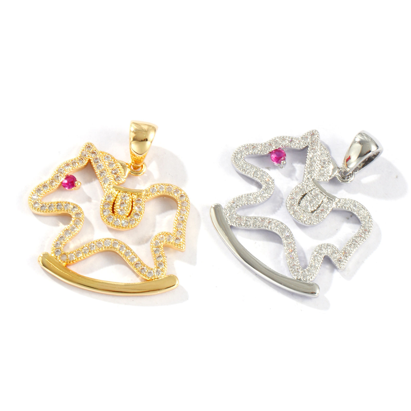 Picture of Eco-friendly Brass Fairy Tale Collection Charm Pendant Real Gold Plated Rocking Horse Micro Pave Fuchsia Cubic Zirconia 27mm x 24mm