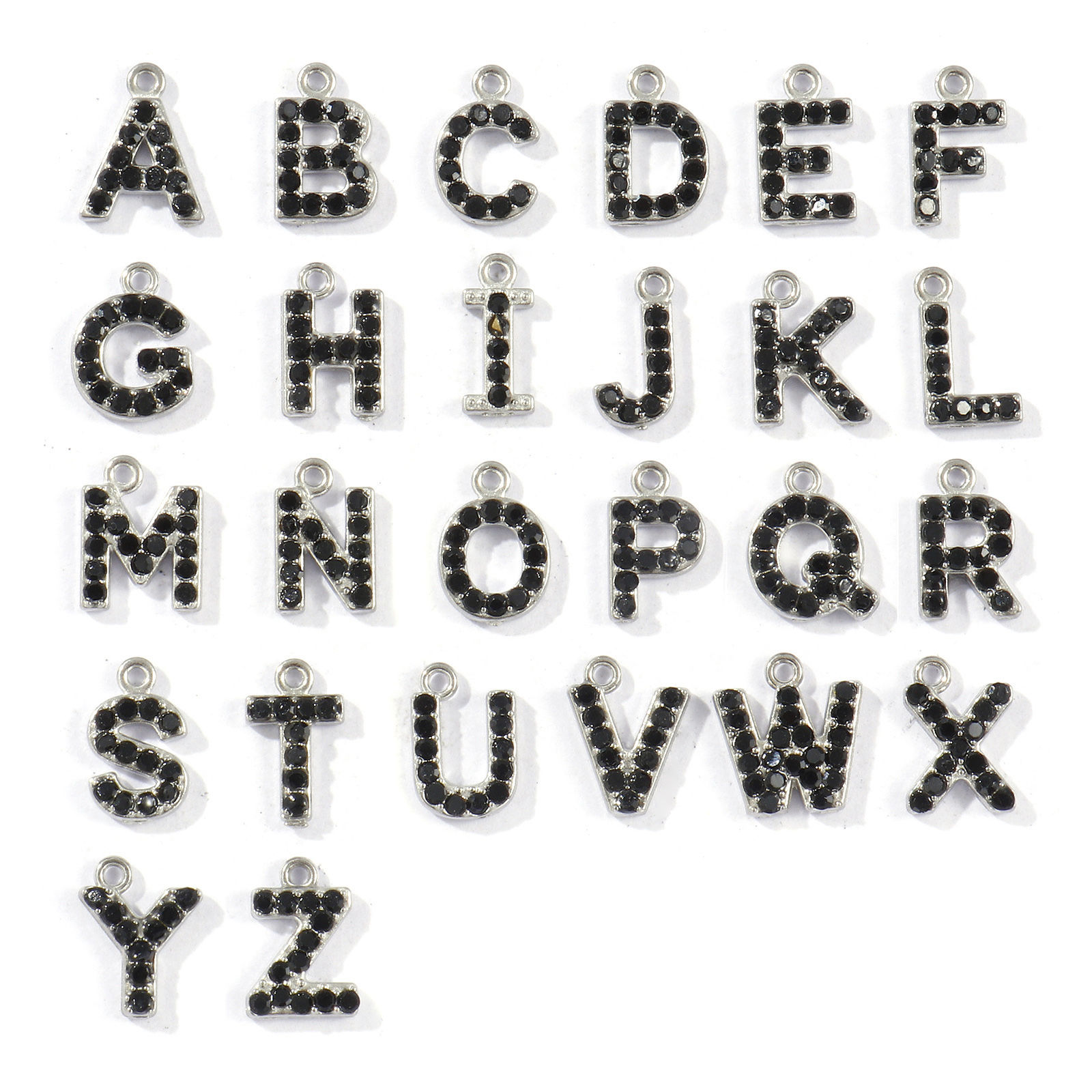 Picture of Eco-friendly 304 Stainless Steel Capital Alphabet Initial Letter Name Charms Silver Tone Message " A-Z " Black Rhinestone