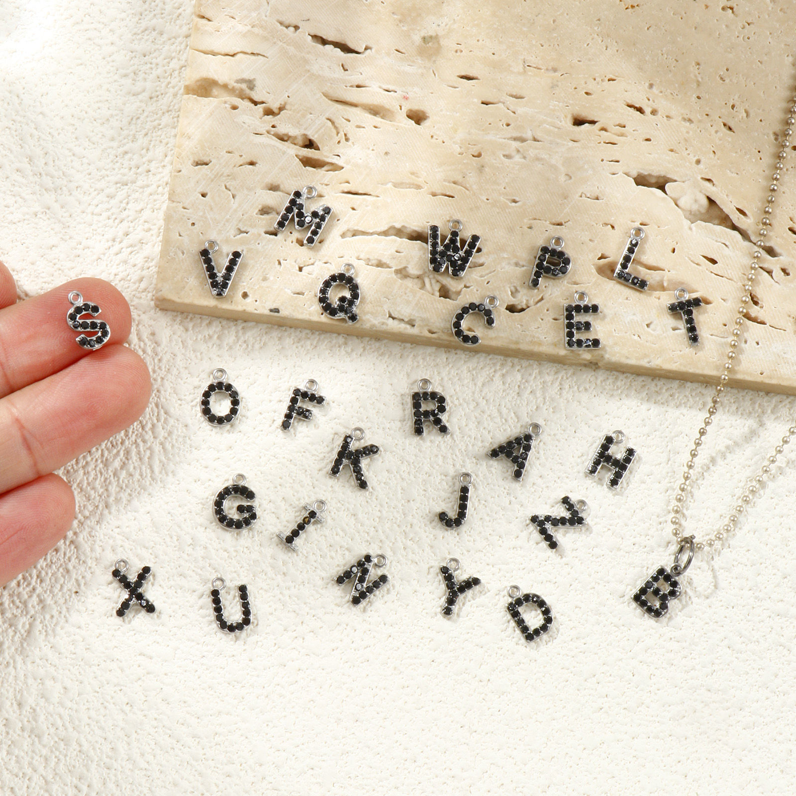 Picture of Eco-friendly 304 Stainless Steel Capital Alphabet Initial Letter Name Charms Silver Tone Message " A-Z " Black Rhinestone