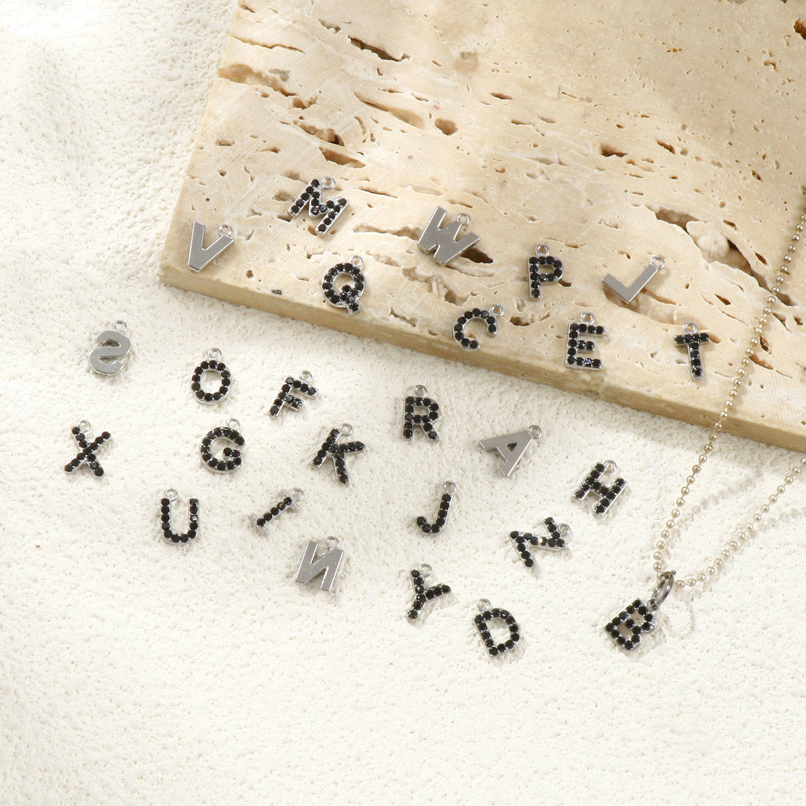 Picture of Eco-friendly 304 Stainless Steel Capital Alphabet Initial Letter Name Charms Silver Tone Message " A-Z " Black Rhinestone