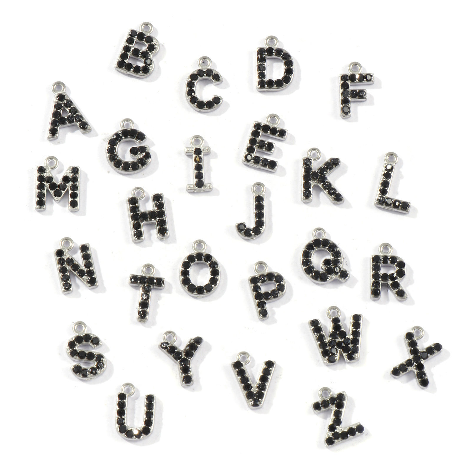Picture of Eco-friendly 304 Stainless Steel Capital Alphabet Initial Letter Name Charms Silver Tone Message " A-Z " Black Rhinestone