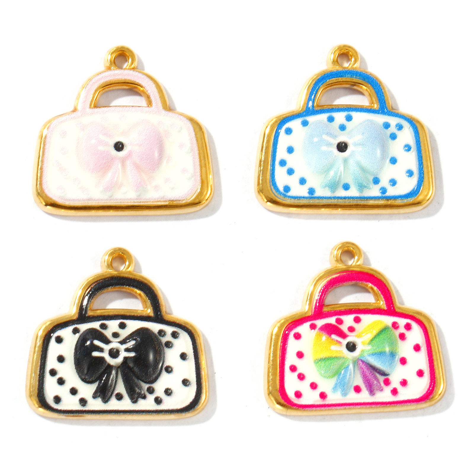 Picture of Eco-friendly PVD Vacuum Plating Waterproof Anti-Tarnish Hypoallergenic 304 Stainless Steel Clothes Charms 18K Real Gold Plated Enamel Bag Bowknot 19mm x 18mm