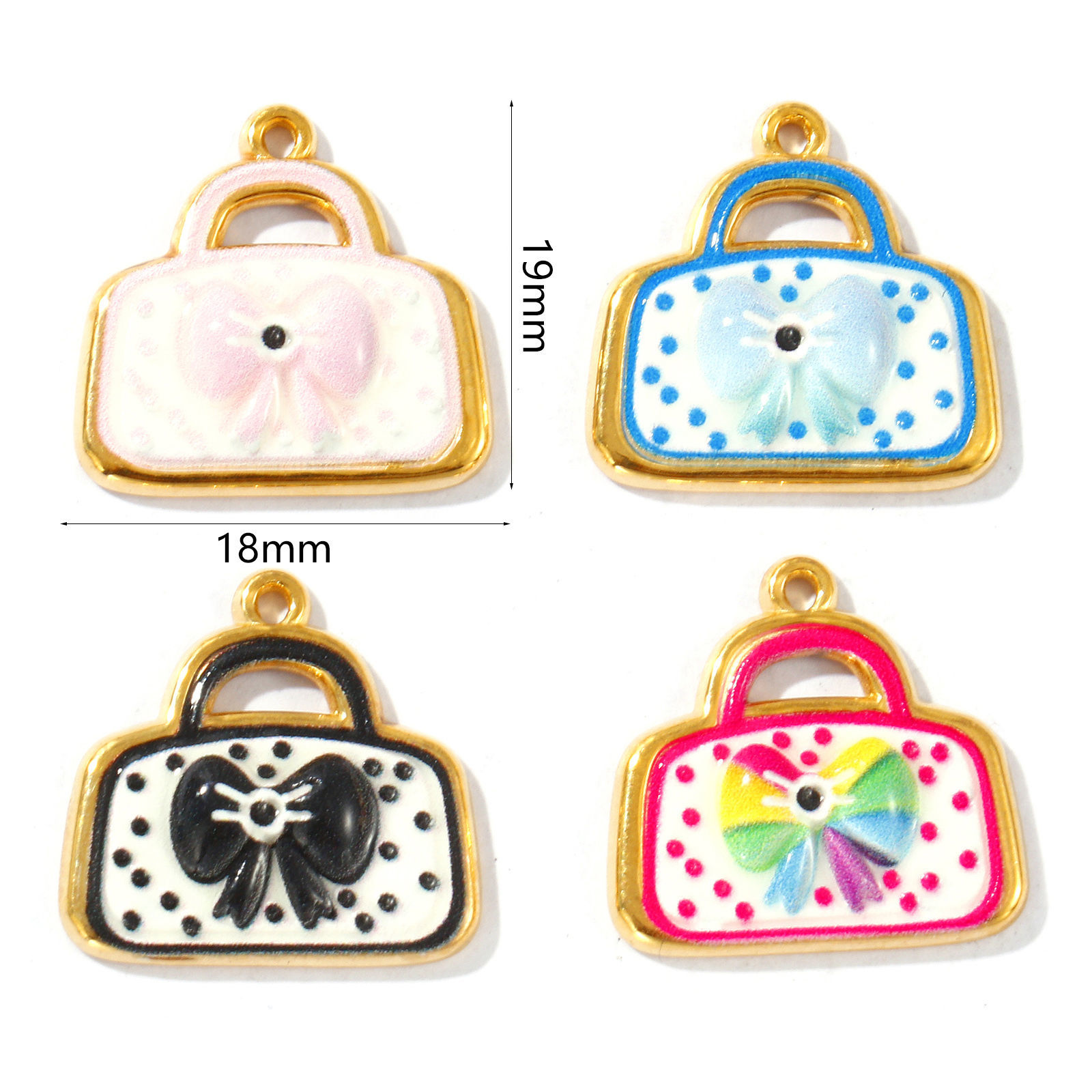 Picture of Eco-friendly PVD Vacuum Plating Waterproof Anti-Tarnish Hypoallergenic 304 Stainless Steel Clothes Charms 18K Real Gold Plated Enamel Bag Bowknot 19mm x 18mm