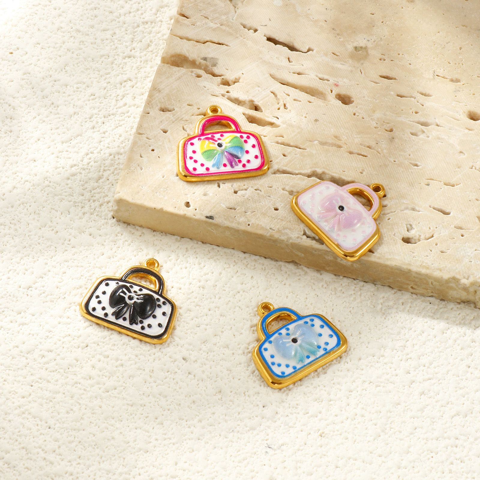Picture of Eco-friendly PVD Vacuum Plating Waterproof Anti-Tarnish Hypoallergenic 304 Stainless Steel Clothes Charms 18K Real Gold Plated Enamel Bag Bowknot 19mm x 18mm