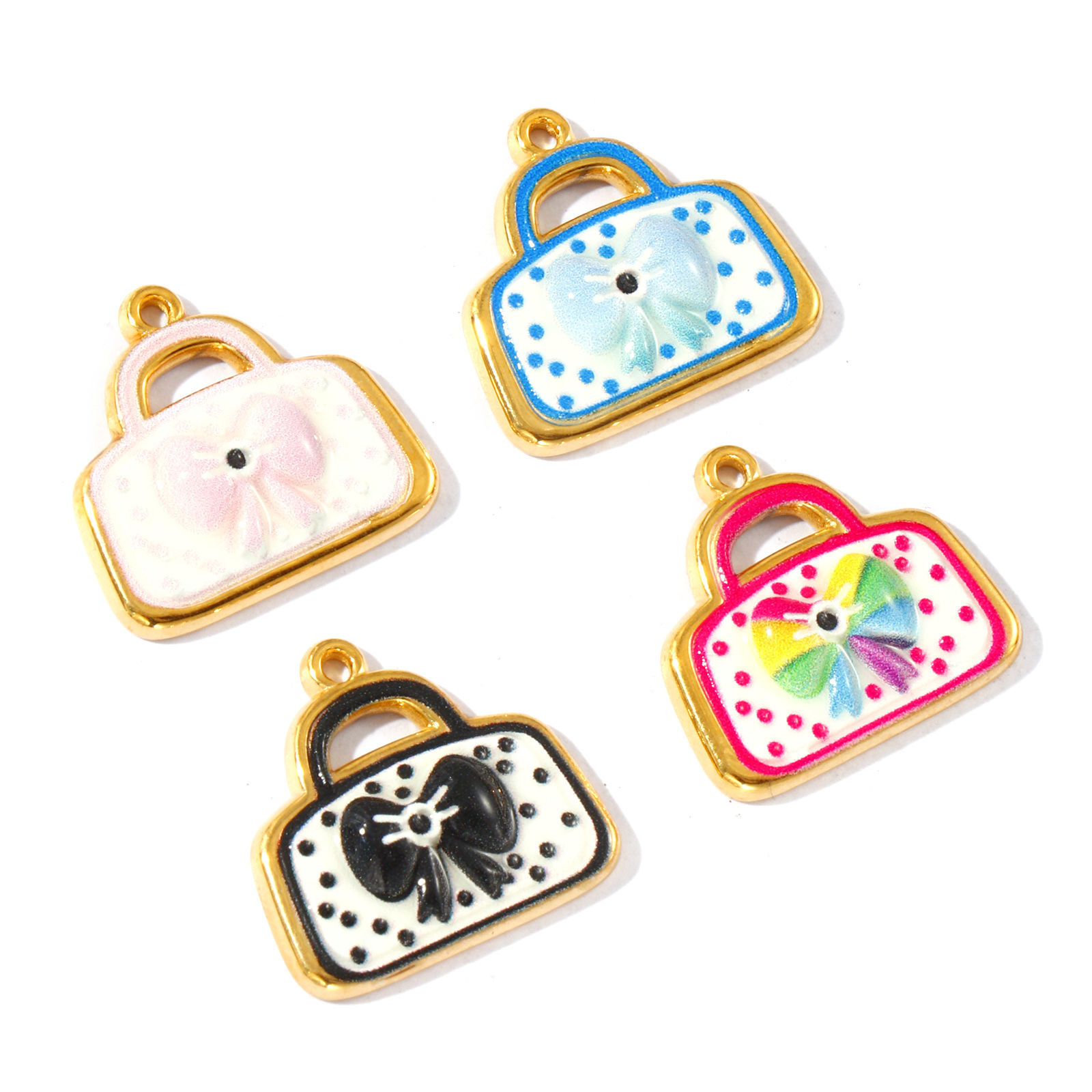 Picture of Eco-friendly PVD Vacuum Plating Waterproof Anti-Tarnish Hypoallergenic 304 Stainless Steel Clothes Charms 18K Real Gold Plated Enamel Bag Bowknot 19mm x 18mm