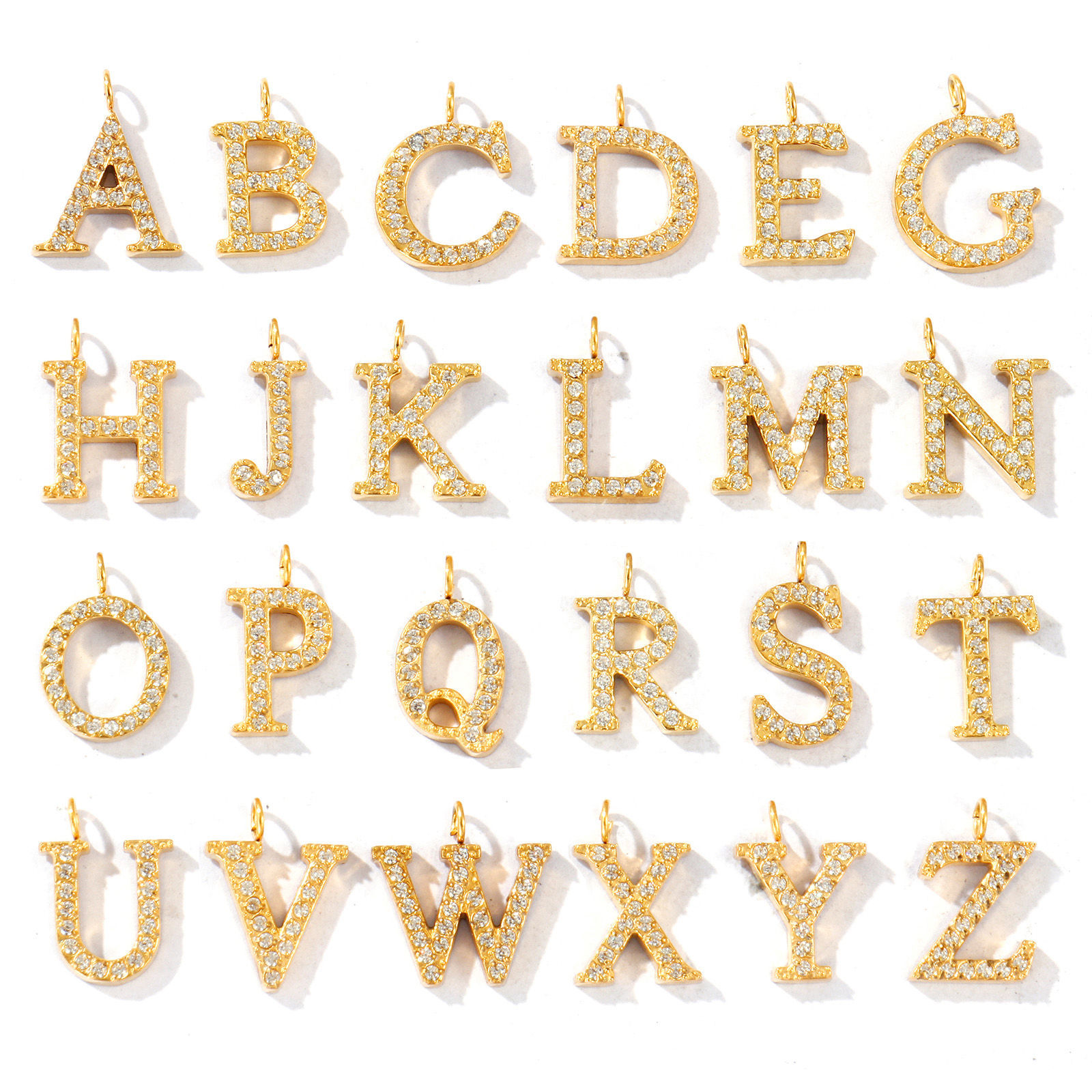 Picture of 2 PCs Eco-friendly PVD Vacuum Plating 316 Stainless Steel Capital Alphabet Initial Letter Name Charms 18K Gold Plated Message " A-Z " Micro Pave Clear Rhinestone