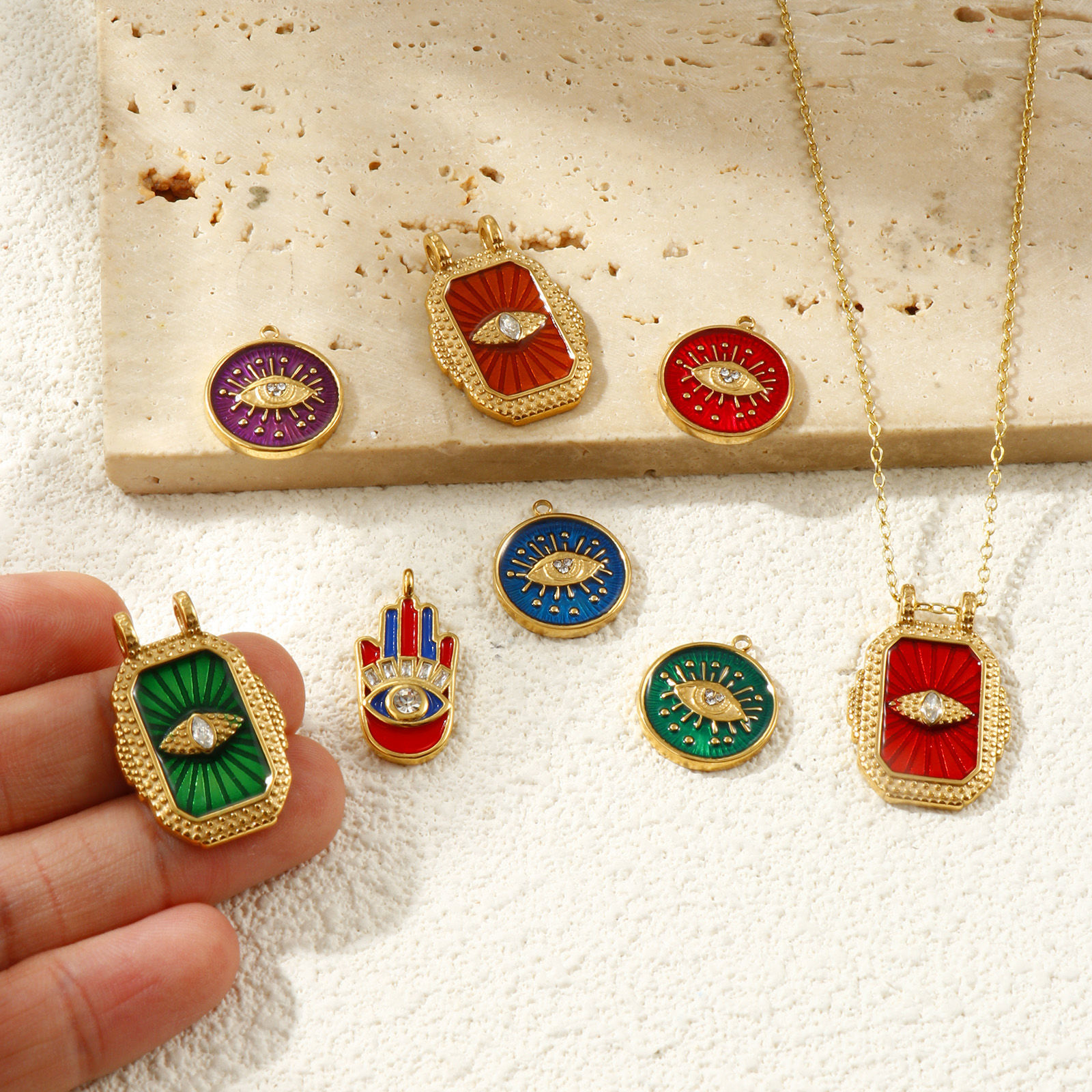 Picture of Eco-friendly PVD Vacuum Plating Waterproof Anti-Tarnish Hypoallergenic 304 Stainless Steel Religious Charms 18K Real Gold Plated Enamel Clear Rhinestone