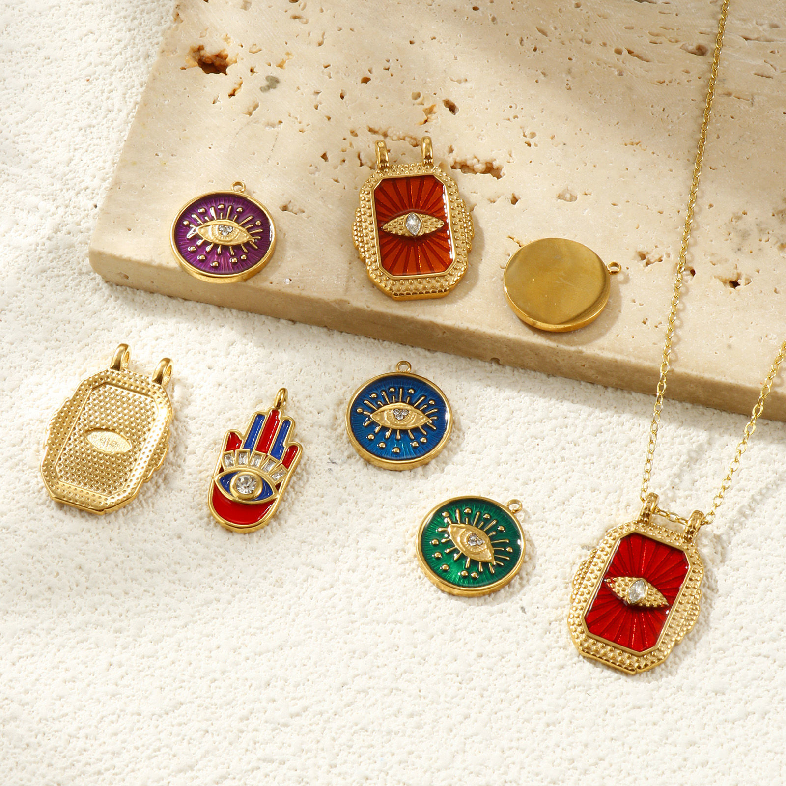 Picture of Eco-friendly PVD Vacuum Plating Waterproof Anti-Tarnish Hypoallergenic 304 Stainless Steel Religious Charms 18K Real Gold Plated Enamel Clear Rhinestone