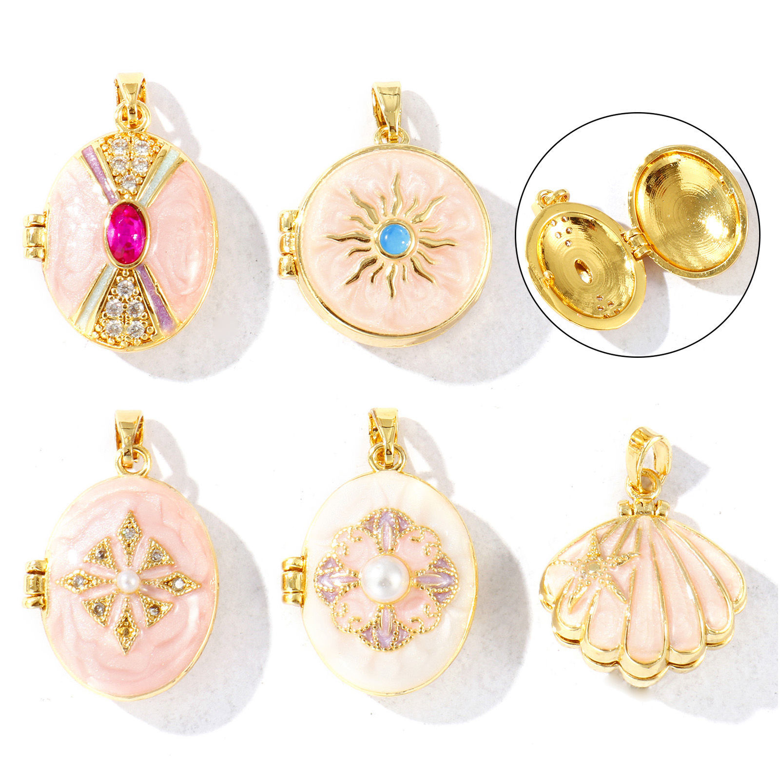 Picture of Brass & Rhinestone Picture Photo Locket Frame Pendants 18K Gold Plated Enamel Can Open