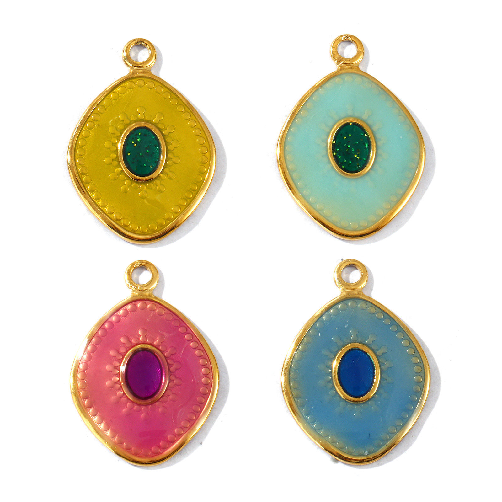 Picture of 2 PCs Eco-friendly PVD Vacuum Plating Waterproof Anti-Tarnish Hypoallergenic 304 Stainless Steel Charms 18K Real Gold Plated Enamel Rhombus 26mm x 18mm