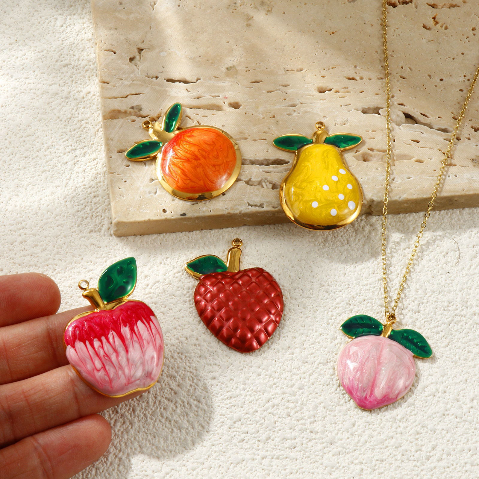 Picture of Eco-friendly PVD Waterproof Anti-Tarnish Hypoallergenic 304 Stainless Steel Charms Wholesale 18K Real Gold Plated Multicolor Enamel Fruit