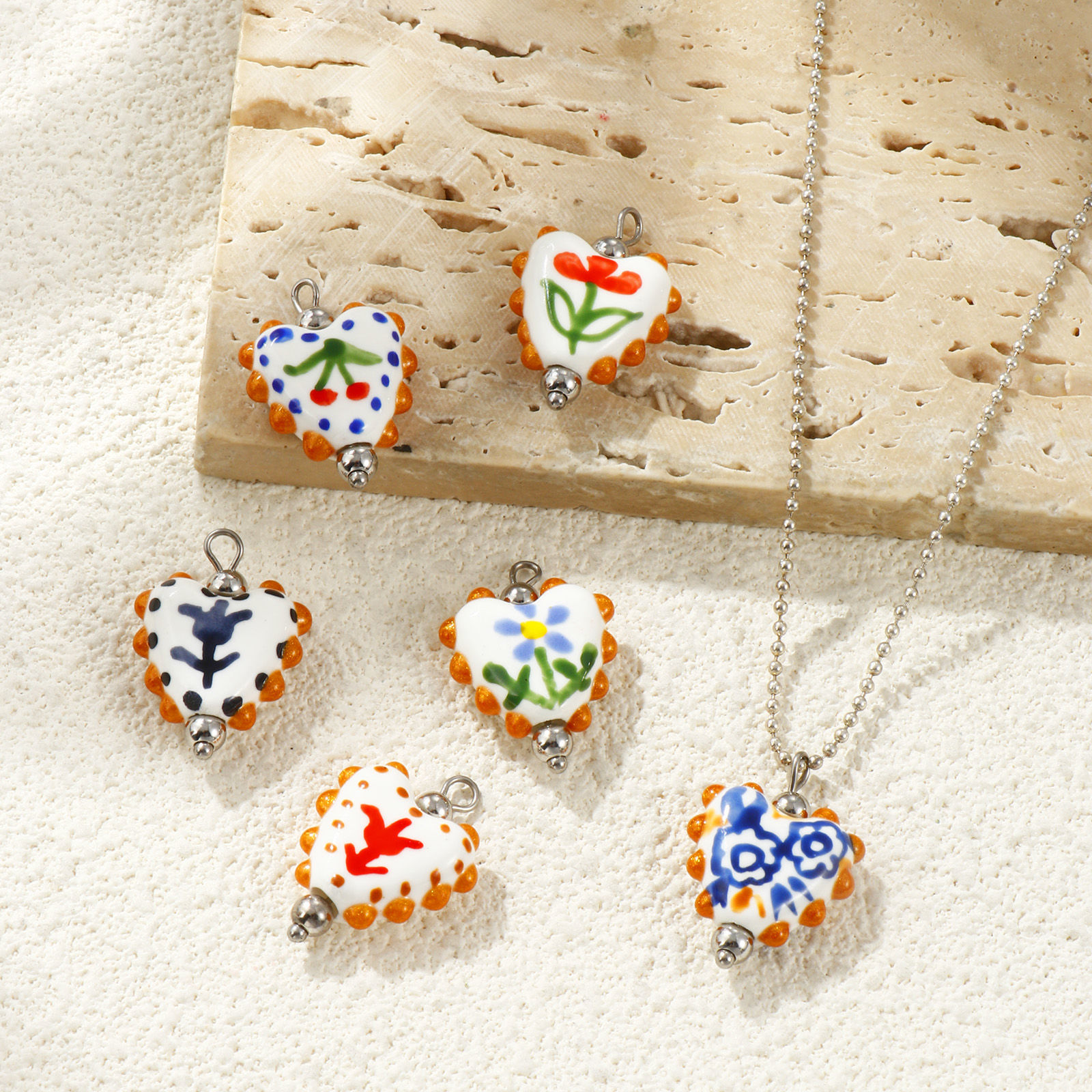 Picture of Eco-friendly 304 Stainless Steel & Resin Valentine's Day Charms Wholesale Silver Tone Multicolor Enamel Heart Painted 25mm x 17mm