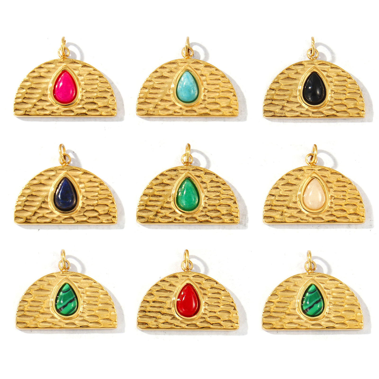 Picture of Eco-friendly PVD Waterproof Anti-Tarnish Hypoallergenic 304 Stainless Steel & Gemstone Charms Wholesale 18K Real Gold Plated Half Round Drop 20mm x 17mm