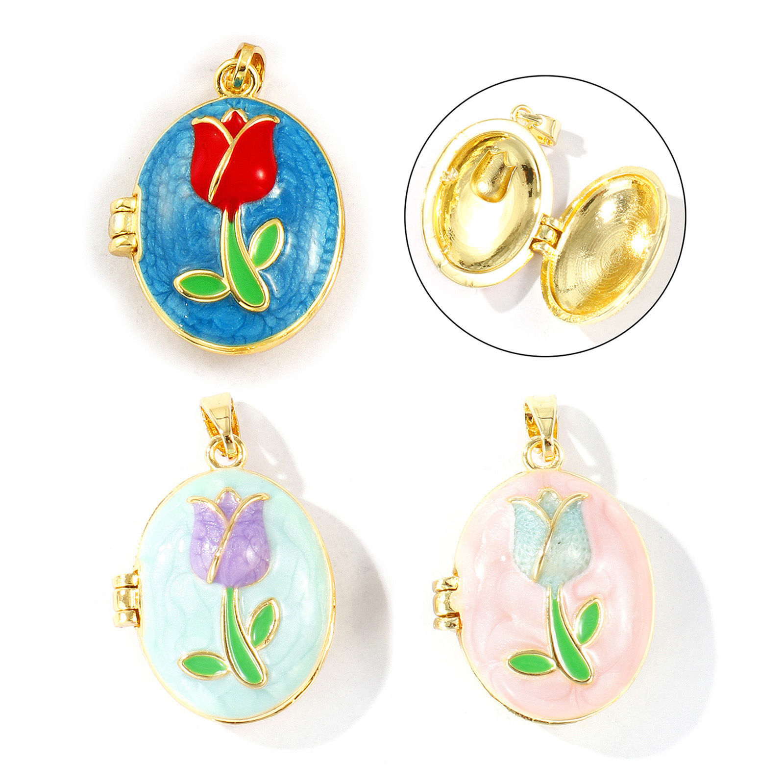 Picture of 2 PCs Brass Picture Photo Locket Frame Pendants Wholesale 18K Real Gold Plated Enamel Oval Tulip Flower Can Open 27mm x 17mm