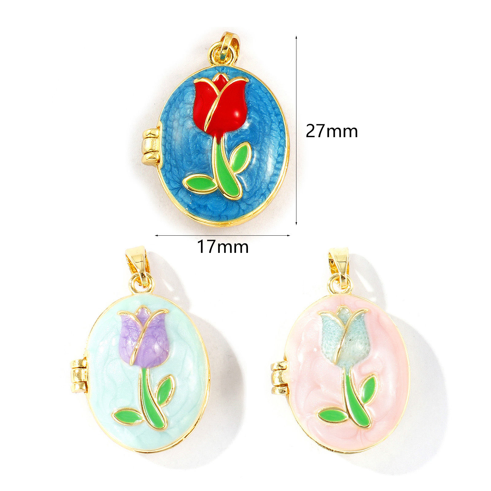 Picture of 2 PCs Brass Picture Photo Locket Frame Pendants Wholesale 18K Real Gold Plated Enamel Oval Tulip Flower Can Open 27mm x 17mm