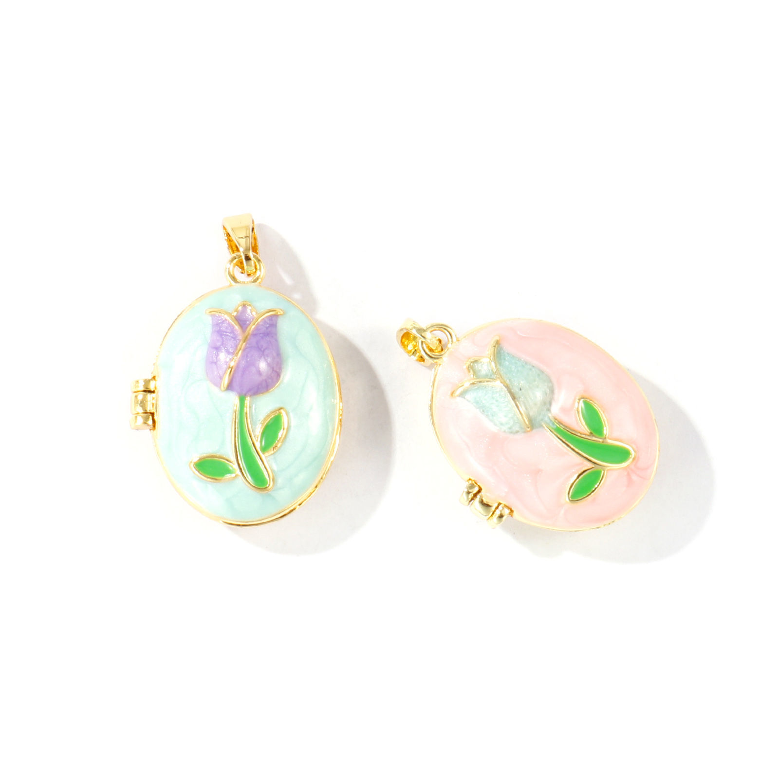 Picture of 2 PCs Brass Picture Photo Locket Frame Pendants Wholesale 18K Real Gold Plated Enamel Oval Tulip Flower Can Open 27mm x 17mm