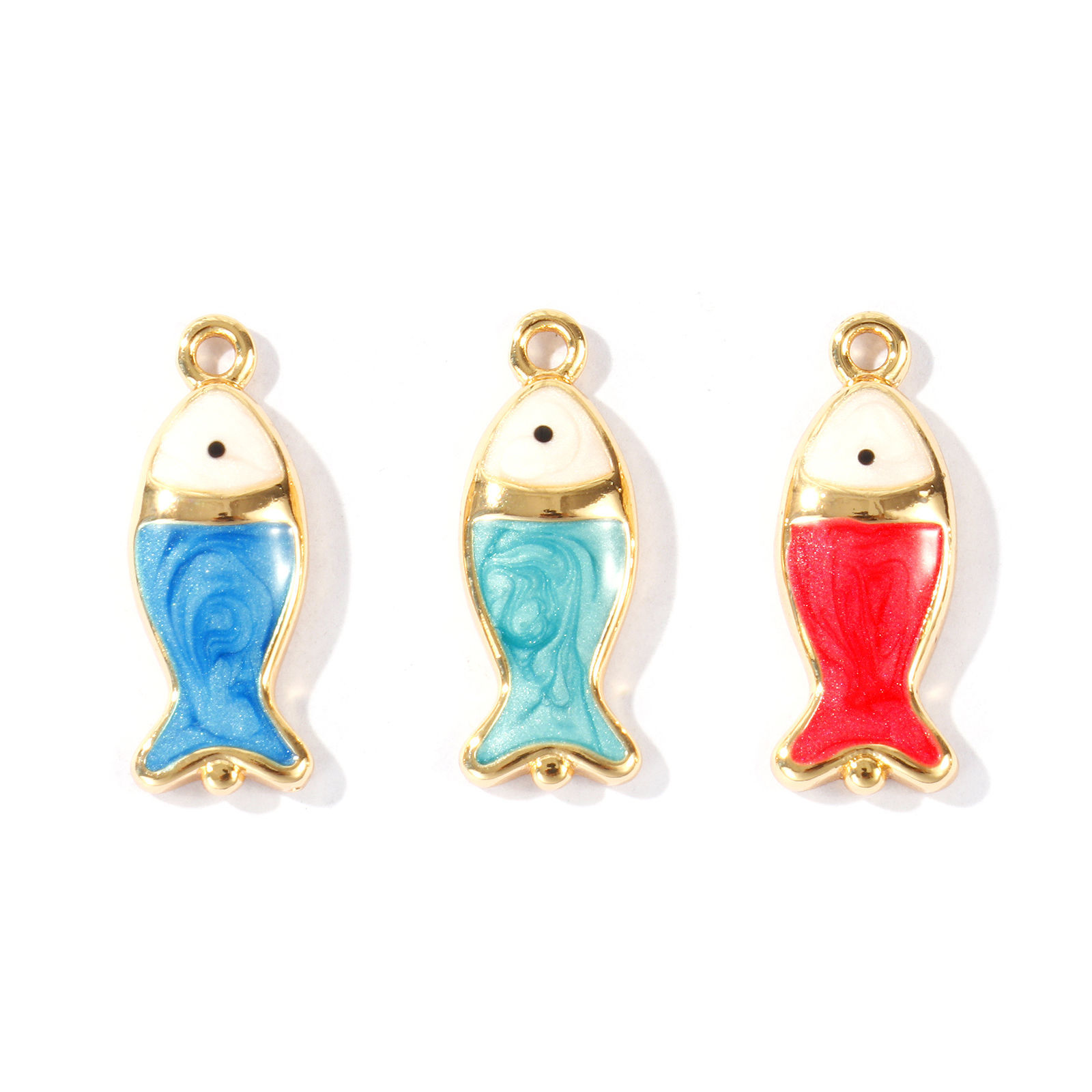 Picture of 2 PCs Brass Charms Wholesale 18K Real Gold Plated Enamel Fish Animal Pearlized 21mm x 8mm
