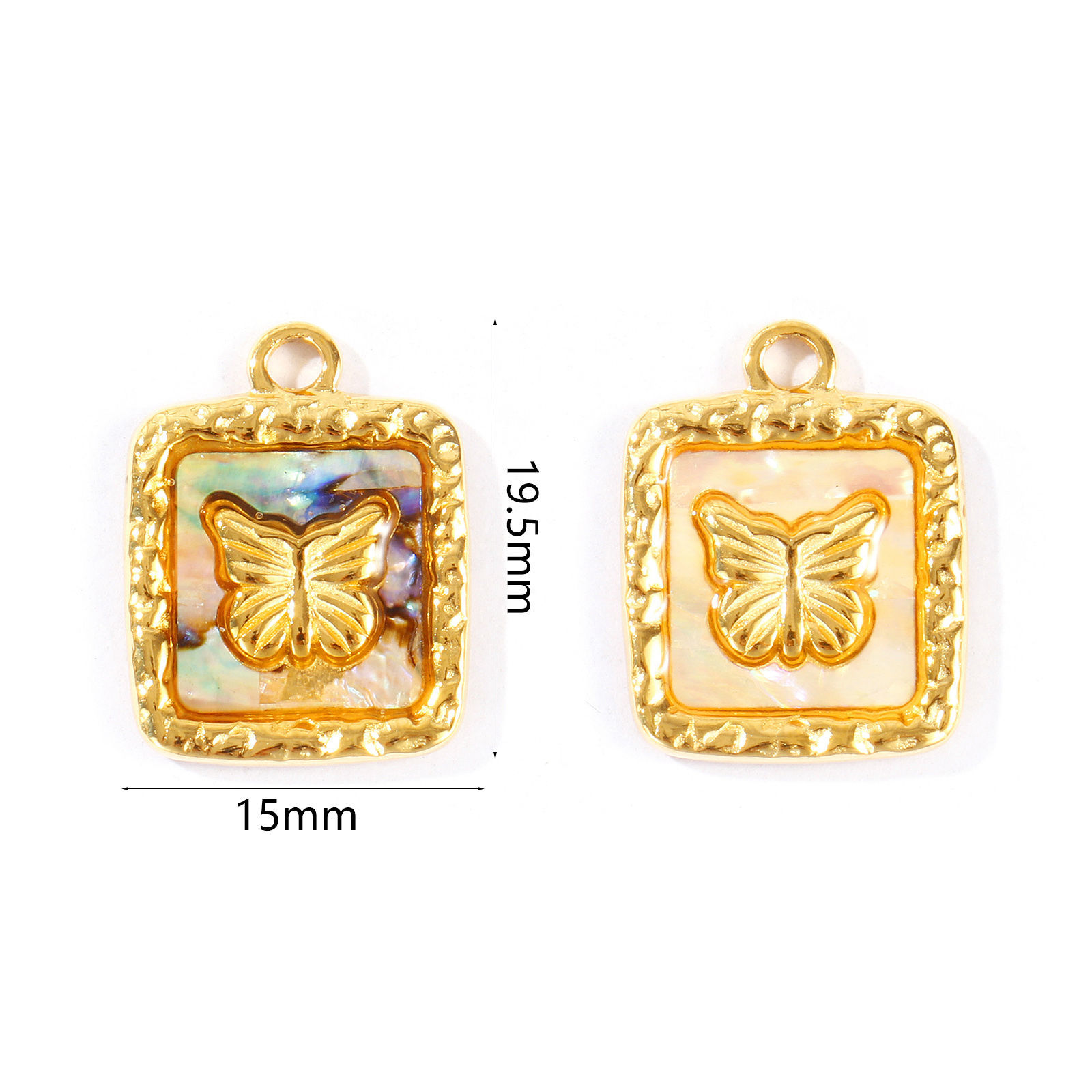 Picture of Eco-friendly PVD 304 Stainless Steel & Natural Shell Insect Charms Wholesale 18K Real Gold Plated Square Butterfly 19.5mm x 15mm