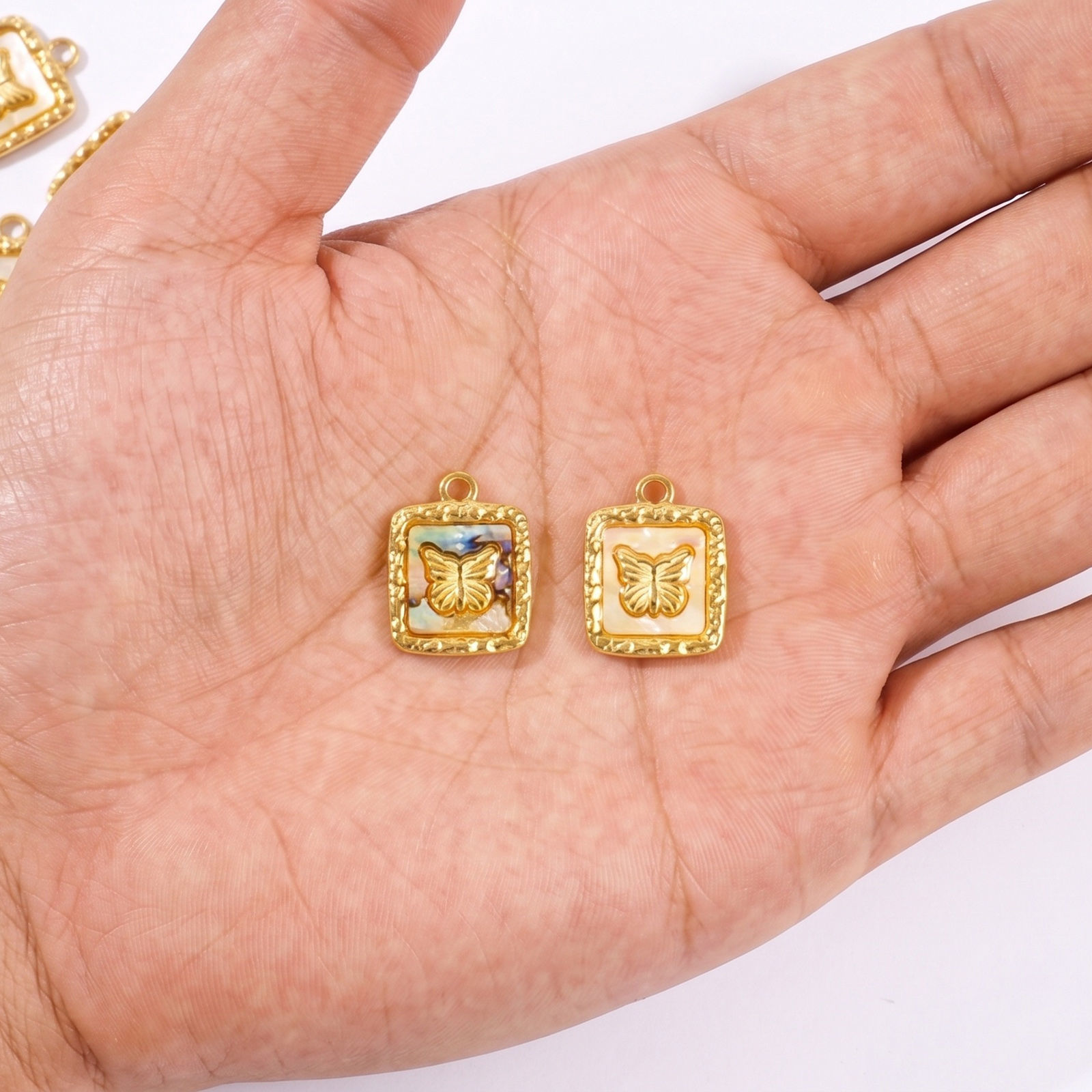 Picture of Eco-friendly PVD 304 Stainless Steel & Natural Shell Insect Charms Wholesale 18K Real Gold Plated Square Butterfly 19.5mm x 15mm