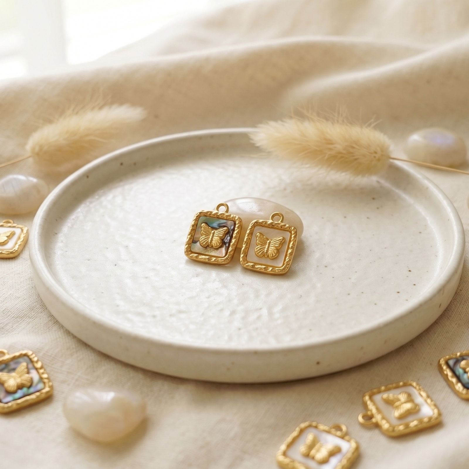 Picture of Eco-friendly PVD 304 Stainless Steel & Natural Shell Insect Charms Wholesale 18K Real Gold Plated Square Butterfly 19.5mm x 15mm