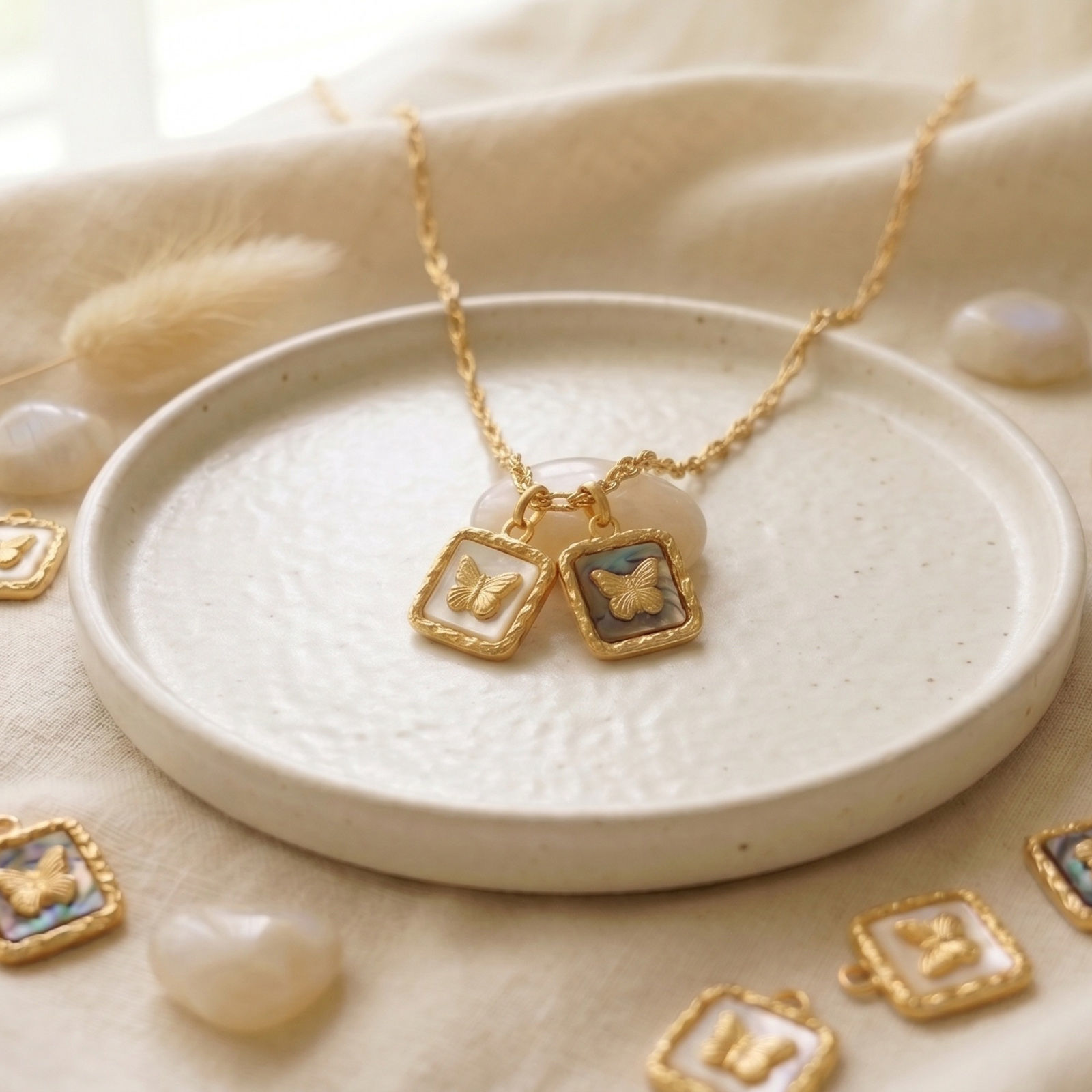 Picture of Eco-friendly PVD 304 Stainless Steel & Natural Shell Insect Charms Wholesale 18K Real Gold Plated Square Butterfly 19.5mm x 15mm