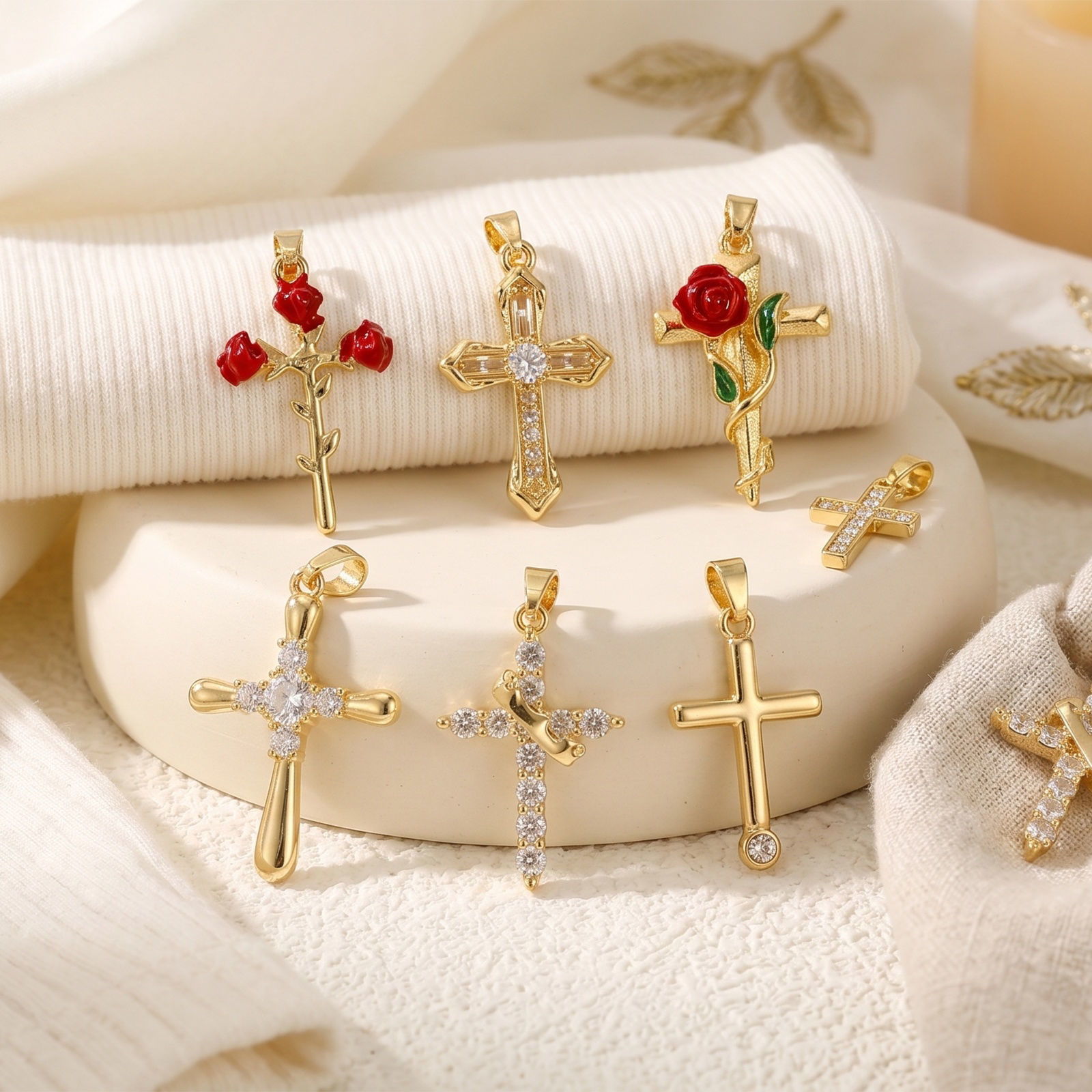 Picture of 2 PCs Brass Religious Charm Pendant Wholesale 18K Gold Plated Cross