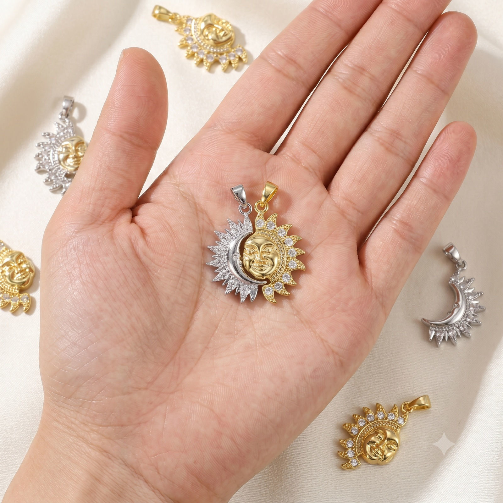 Picture of Brass Galaxy Charms Wholesale 18K Gold Plated & Platinum Plated Two Tone Clear Cubic Zirconia