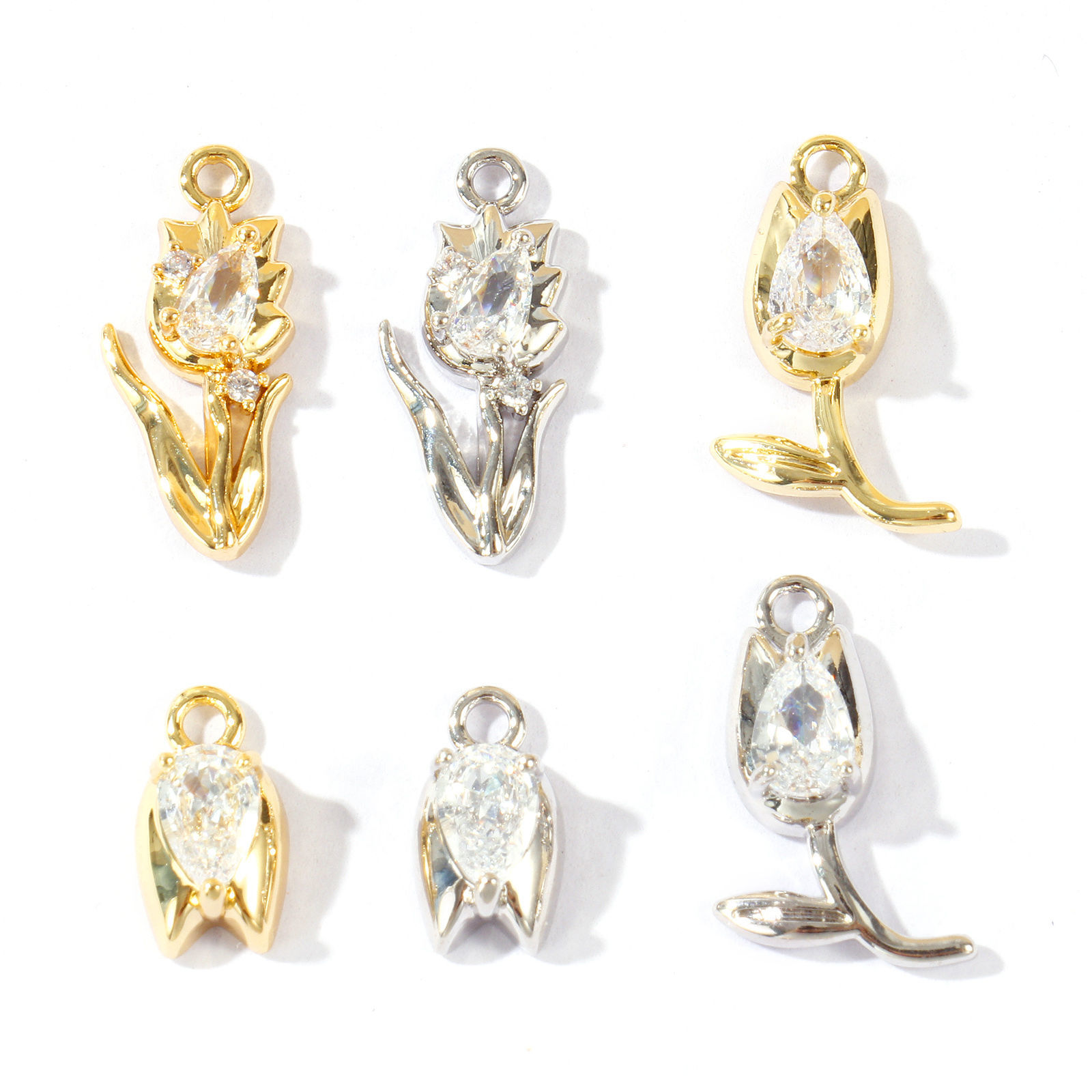 Picture of Eco-friendly Brass Charms Wholesale Real Gold Plated Tulip Flower Clear Cubic Zirconia