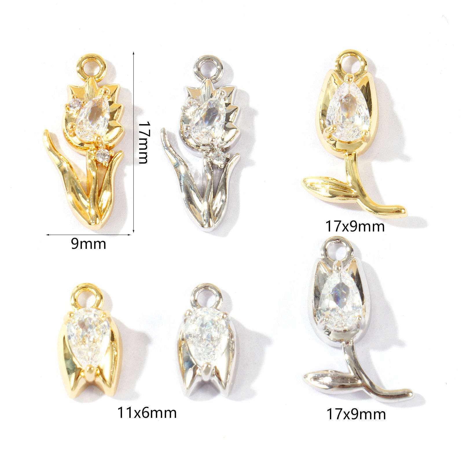 Picture of Eco-friendly Brass Charms Wholesale Real Gold Plated Tulip Flower Clear Cubic Zirconia