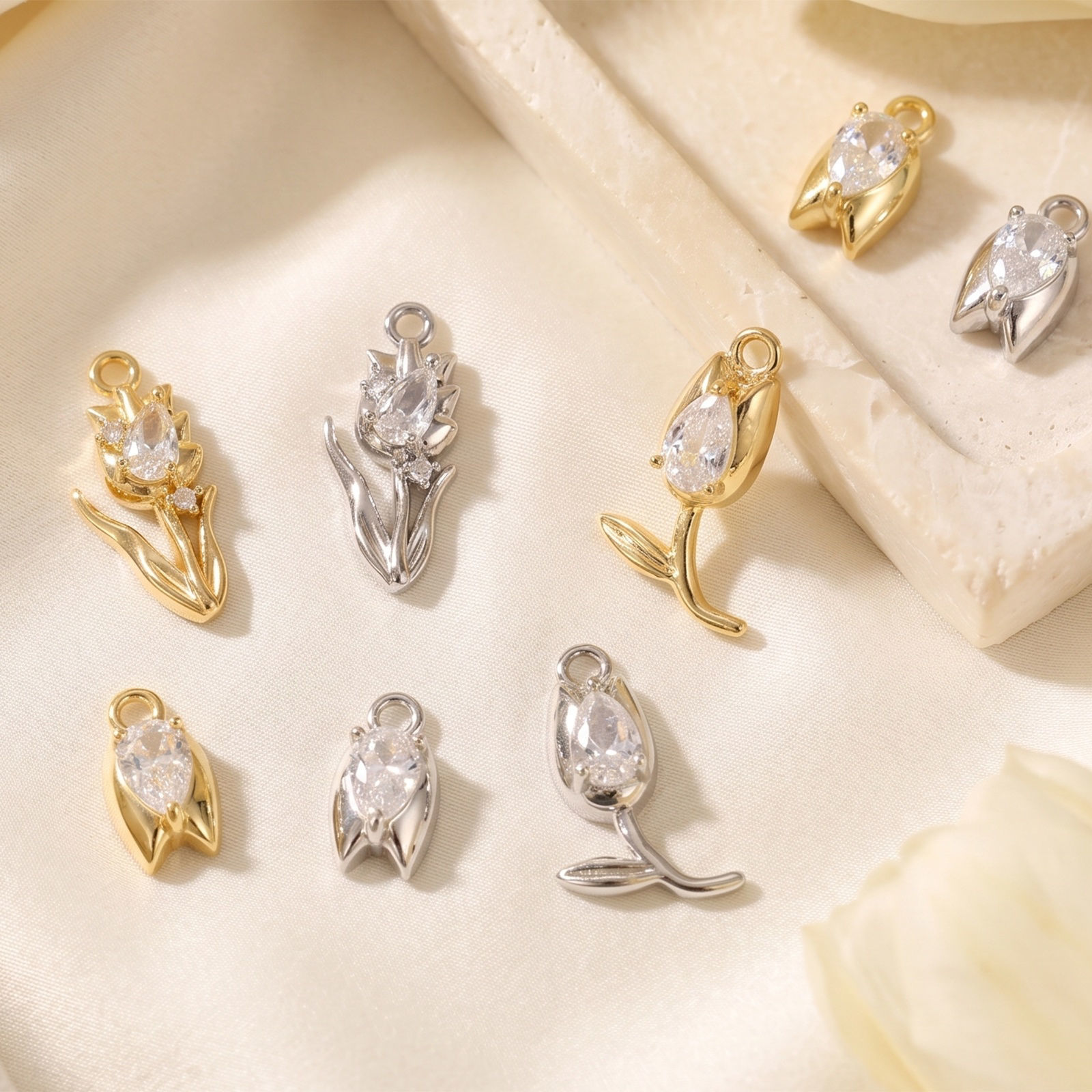 Picture of Eco-friendly Brass Charms Wholesale Real Gold Plated Tulip Flower Clear Cubic Zirconia