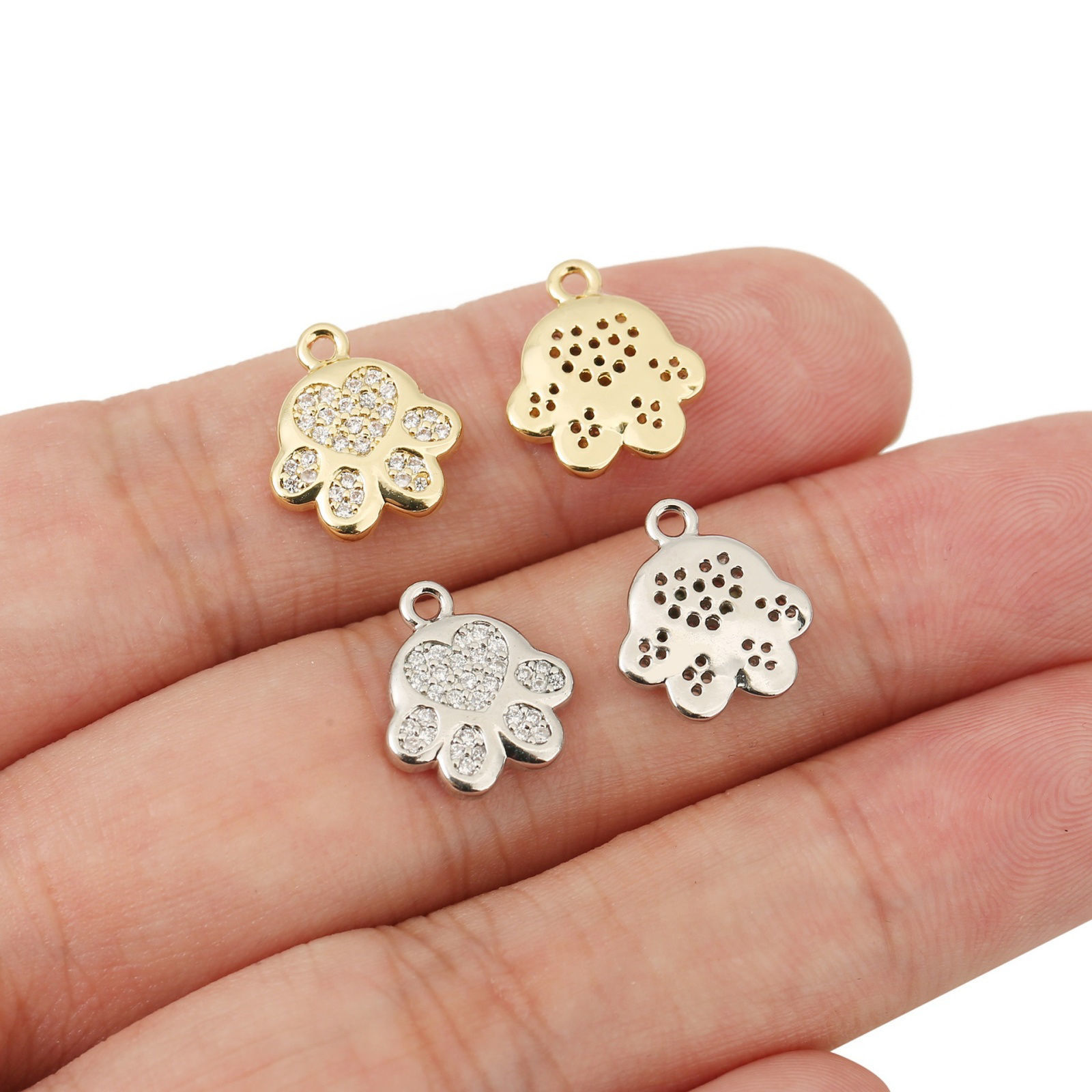 Picture of Eco-friendly Brass Pet Memorial Charms Wholesale Real Gold Plated Paw Print Clear Cubic Zirconia 13.5mm x 12mm