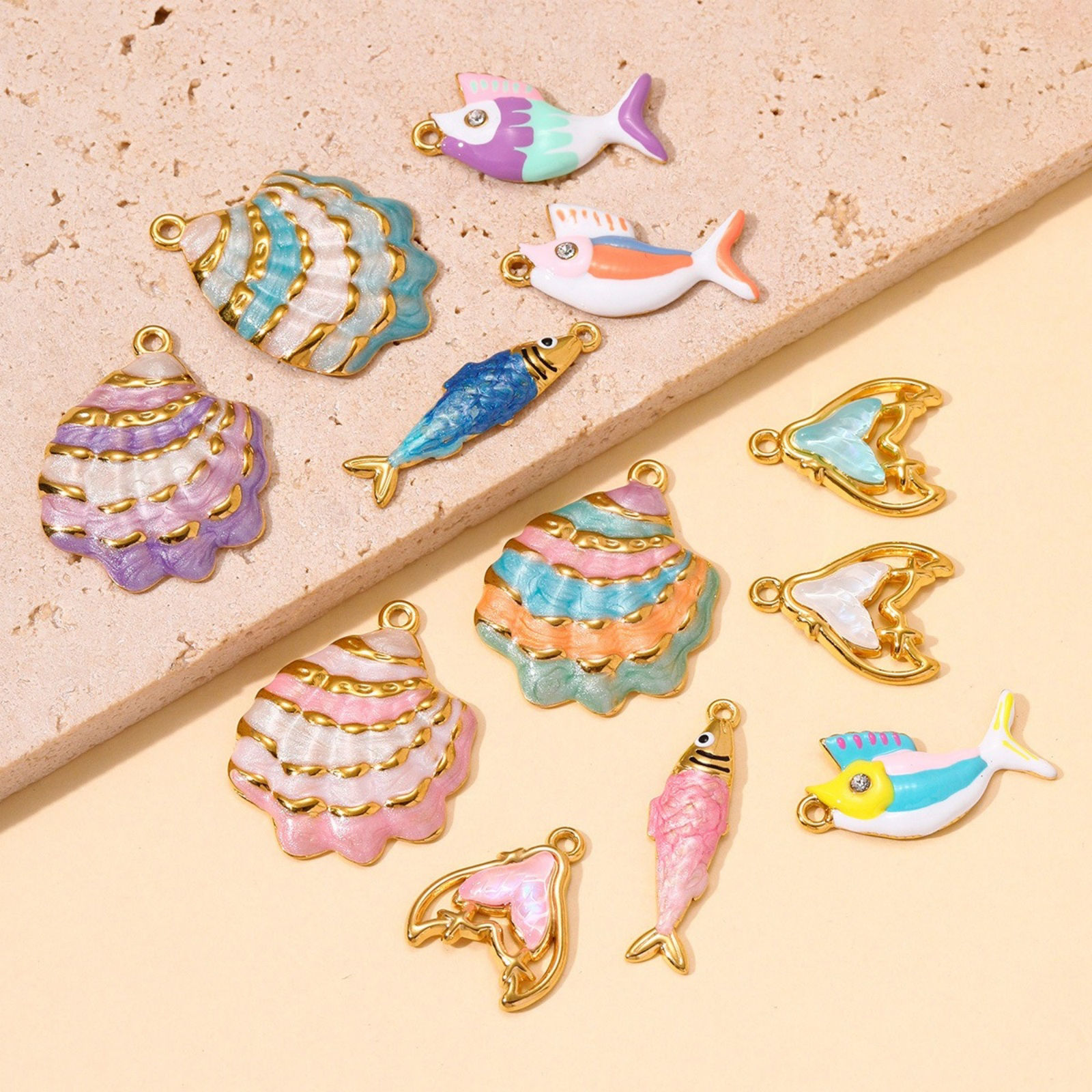 Picture of 2 PCs Eco-friendly PVD 304 Stainless Steel Ocean Jewelry Charms Wholesale 18K Gold Plated Multicolor Fish Animal Shell Enamel
