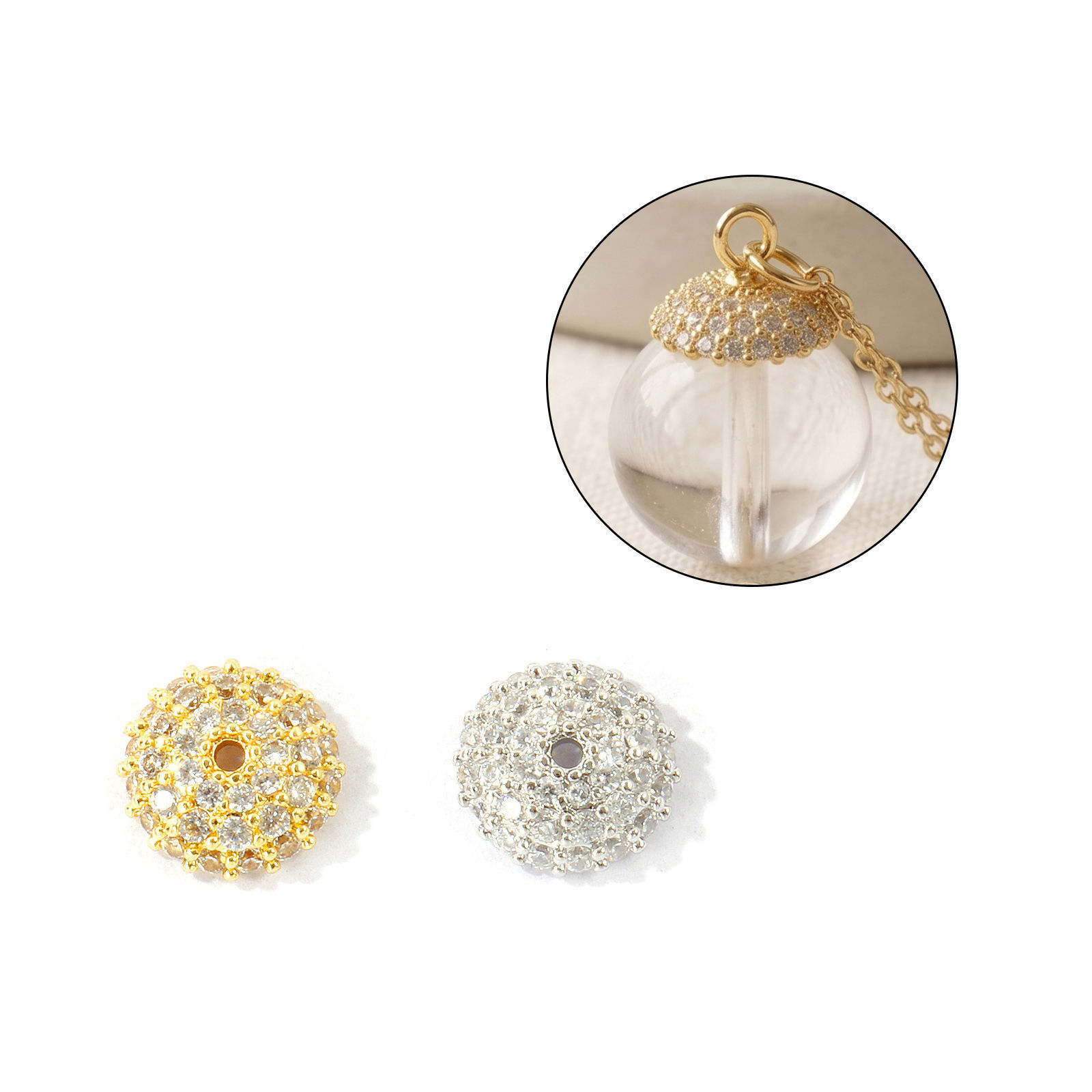Picture of Brass Beads Caps Wholesale Round Multicolor Clear Rhinestone (Fit Beads Size: 12mm Dia.) 9mm Dia.