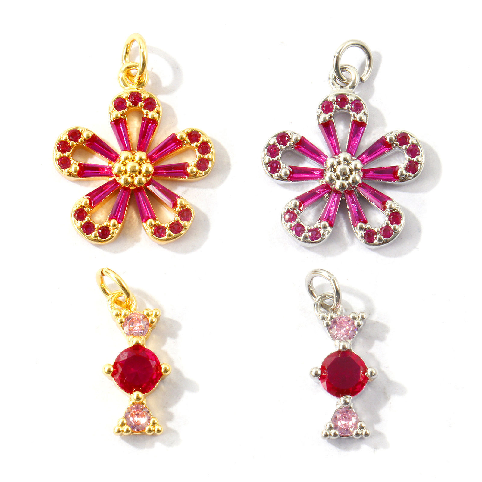 Picture of 1 Piece Eco-friendly Brass Charms Wholesale Real Gold Plated Flower Candy Fuchsia Cubic Zirconia