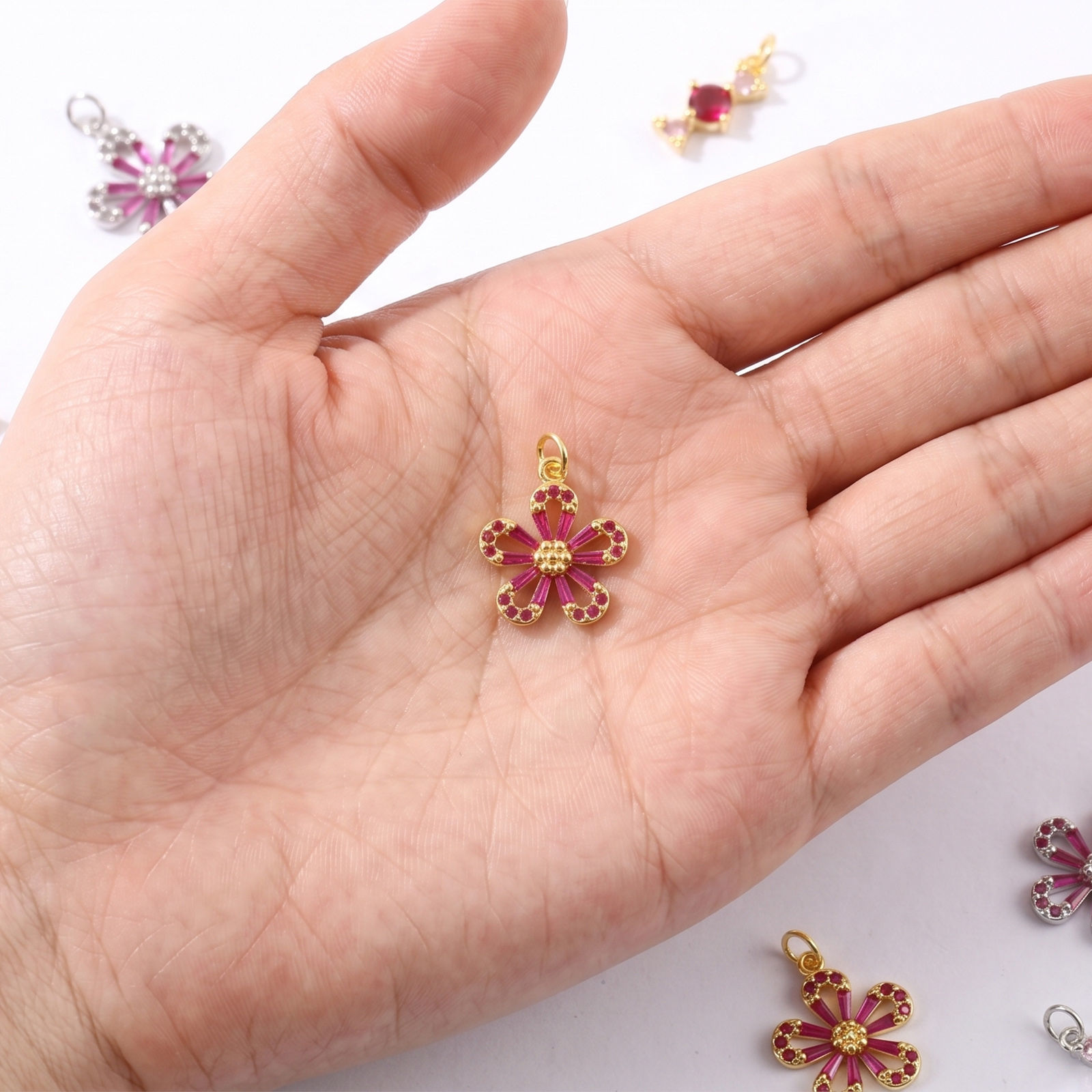 Picture of 1 Piece Eco-friendly Brass Charms Wholesale Real Gold Plated Flower Candy Fuchsia Cubic Zirconia