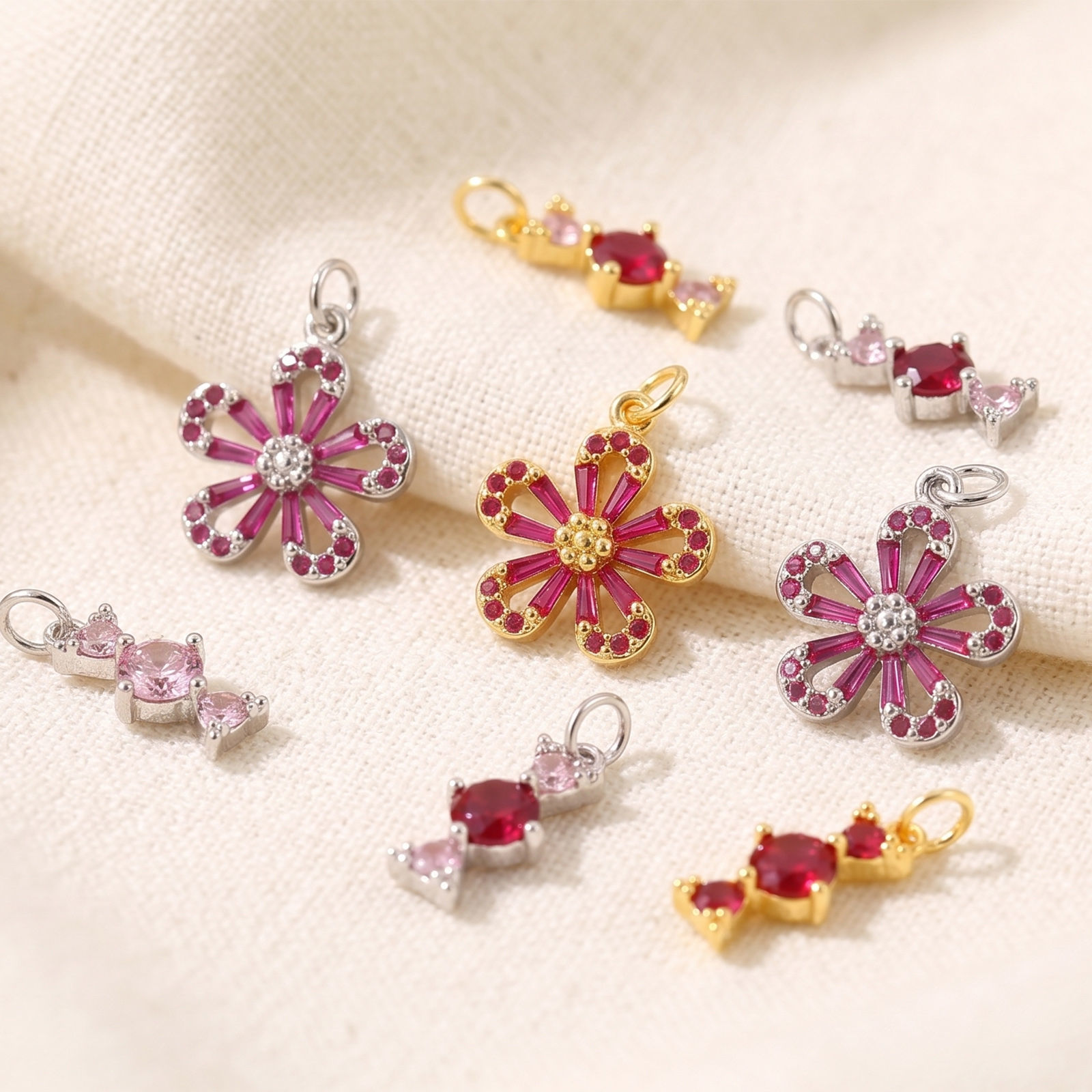 Picture of 1 Piece Eco-friendly Brass Charms Wholesale Real Gold Plated Flower Candy Fuchsia Cubic Zirconia