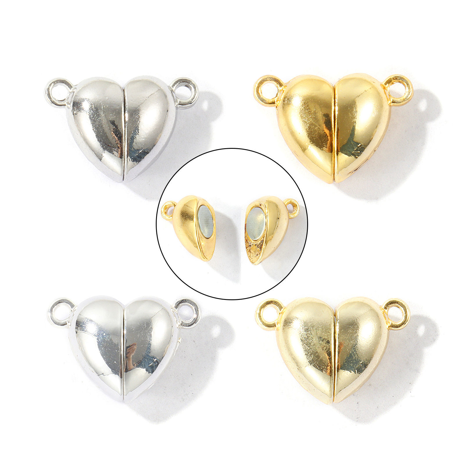 Picture of 5 Sets Eco-friendly Brass Magnetic Clasps Wholesale Heart Real Gold Plated Smooth Blank 15.5mm x 11mm