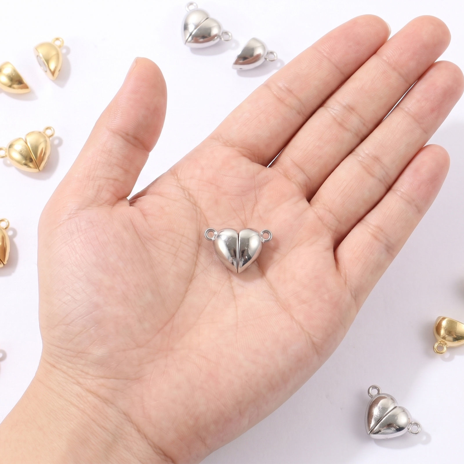 Picture of 5 Sets Eco-friendly Brass Magnetic Clasps Wholesale Heart Real Gold Plated Smooth Blank 15.5mm x 11mm