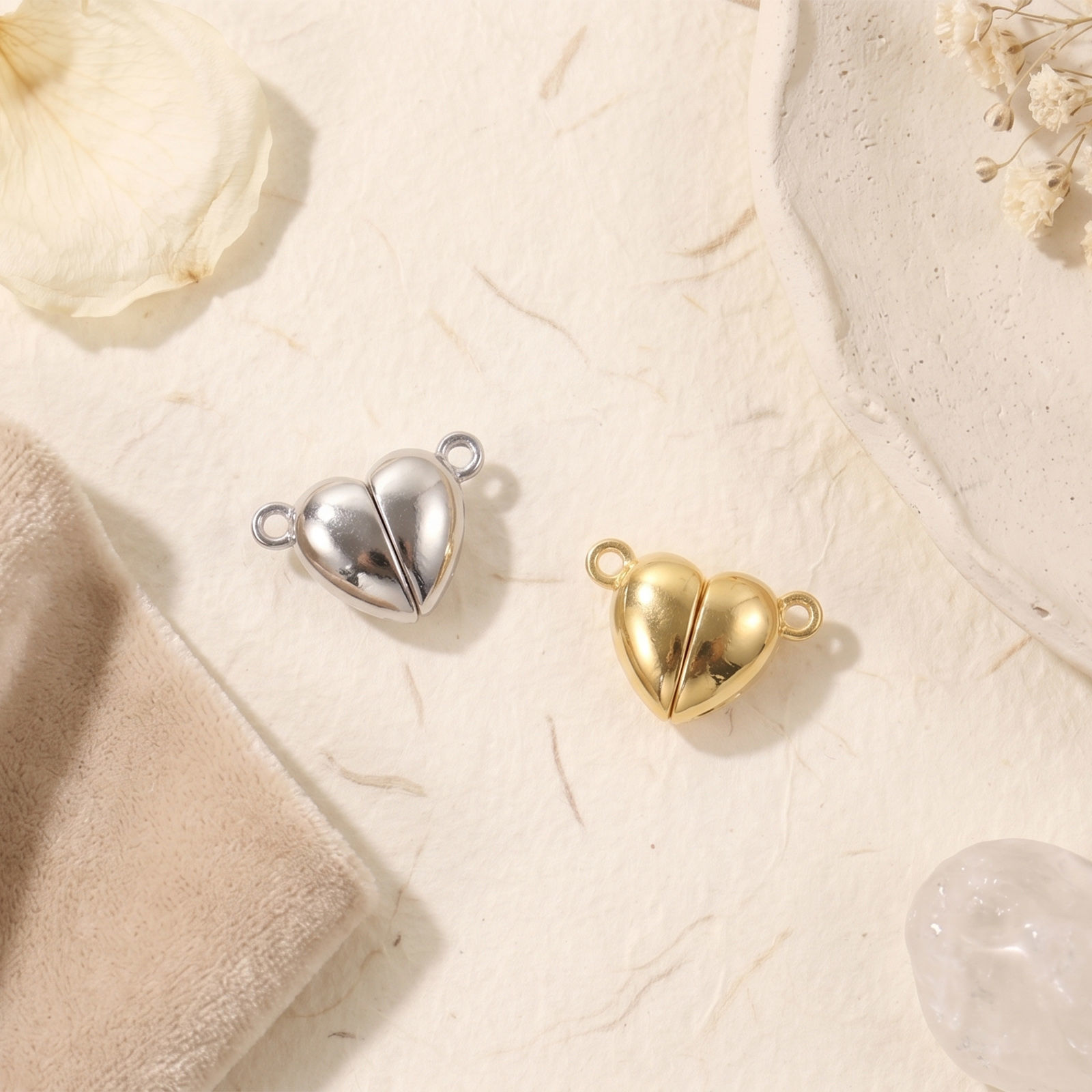Picture of 5 Sets Eco-friendly Brass Magnetic Clasps Wholesale Heart Real Gold Plated Smooth Blank 15.5mm x 11mm