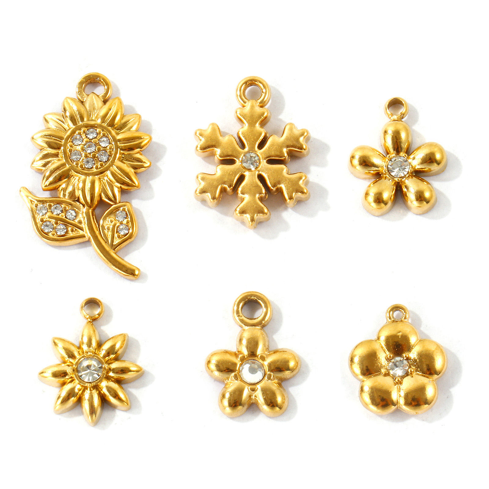 Picture of 5 PCs Eco-friendly PVD Waterproof Anti-Tarnish Hypoallergenic 304 Stainless Steel Charms Wholesale 18K Real Gold Plated Flower Clear Rhinestone