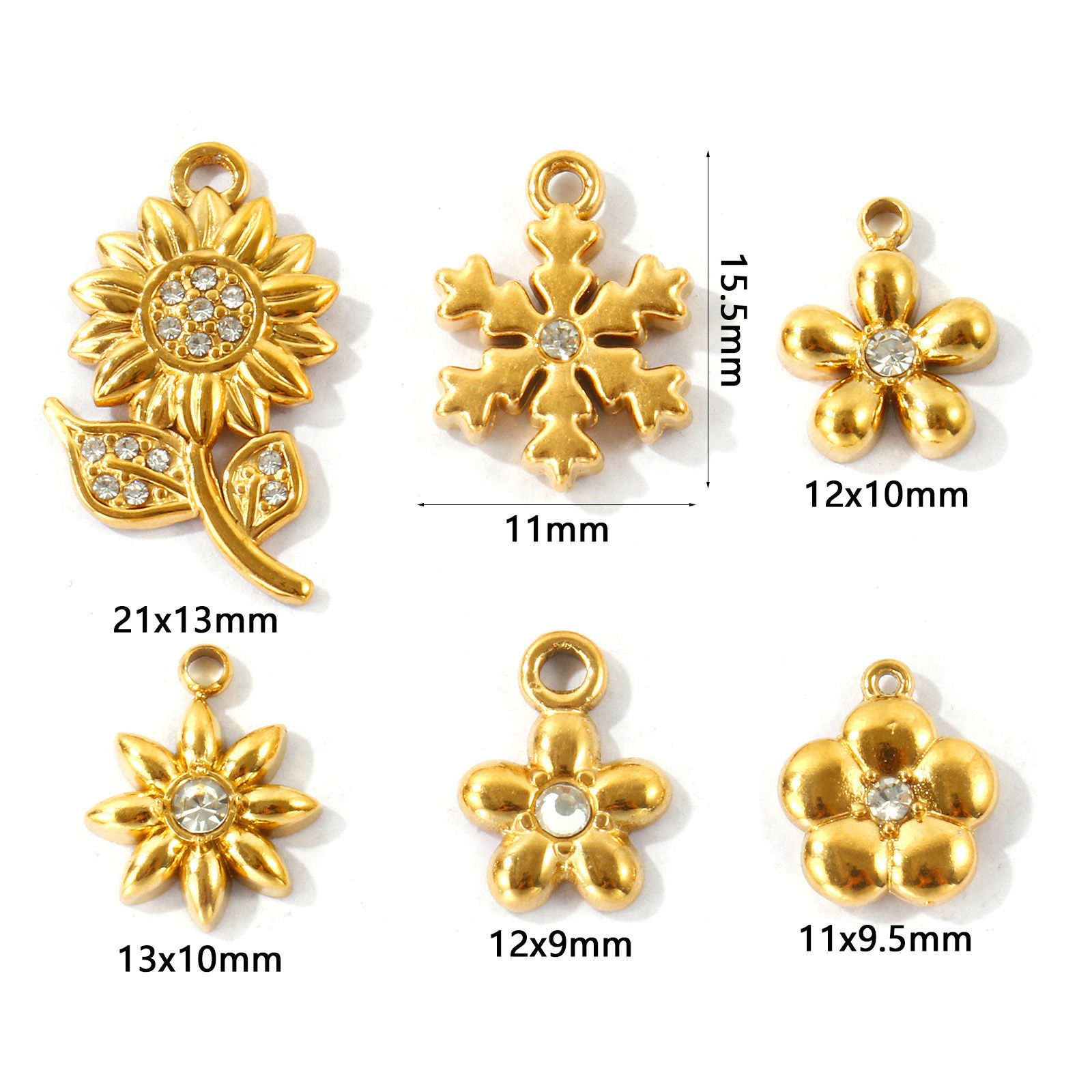 Picture of 5 PCs Eco-friendly PVD Waterproof Anti-Tarnish Hypoallergenic 304 Stainless Steel Charms Wholesale 18K Real Gold Plated Flower Clear Rhinestone